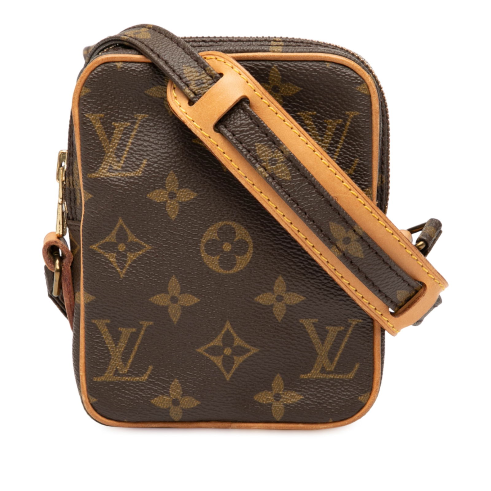 Louis Vuitton Monogram Mini Danube Brown Bag with Vachetta Trim: Louis Vuitton Monogram Mini Danube Brown Bag with Vachetta Trim Introducing the Louis Vuitton Monogram Mini Danube, a stylish and practical bag crafted from durable monogram canvas with vachetta leath