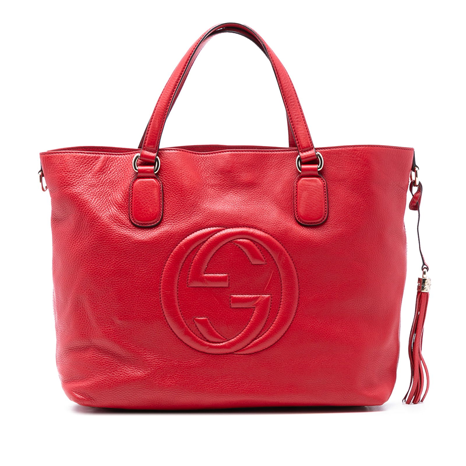 Gucci Soho Large Red Leather Tote Bag with Interior Zip Compartments: Gucci Soho Large Red Leather Tote Bag with Interior Zip Compartments This Gucci Large Leather Soho Working Tote features a red leather body with flat leather handles, an open top, an interior zip comp
