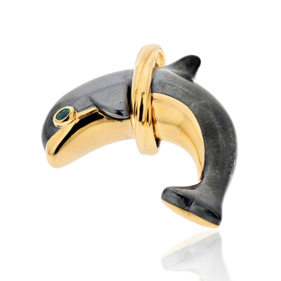 Cartier 18K Yellow Gold Dolphin Pendant with Emerald (1 of 5)