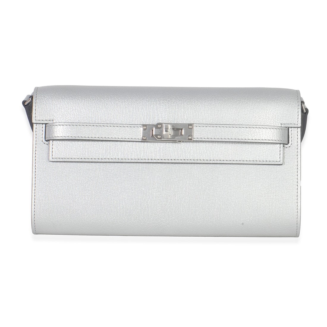 Hermes Kelly Wallet To Go Silver Leather Crossbody With Removable Strap: Hermes Kelly Wallet To Go Silver Leather Crossbody With Removable Strap This Hermes Kelly Wallet To Go is crafted in silver-tone metallic Chevre Chamkilight leather and features a turnlock closure and