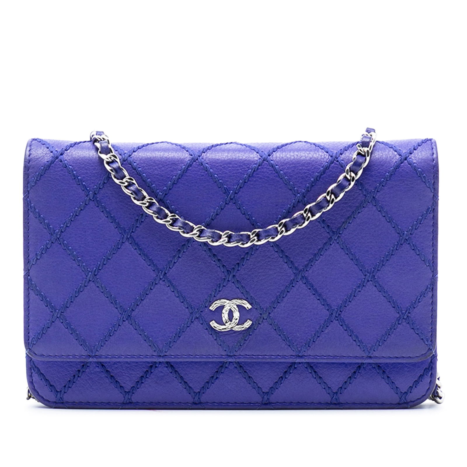 Chanel Fancy Blue Quilted Calfskin Wallet On Chain with Chain Strap: Chanel Fancy Blue Quilted Calfskin Wallet On Chain with Chain Strap This Chanel CC Quilted Calfskin Fancy Wallet On Chain features a blue leather body with elegant double stitching details, a leather-