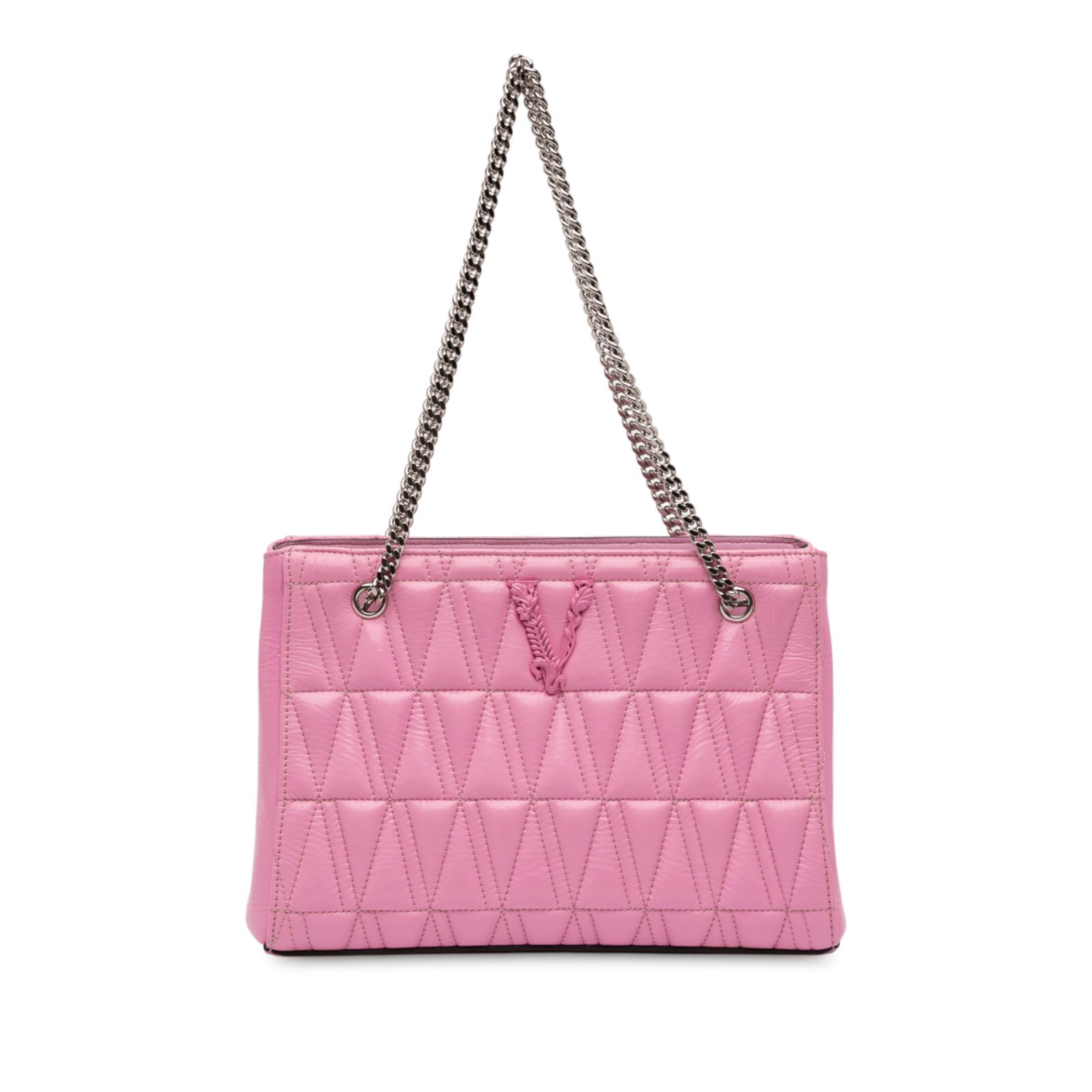Virtus Pink Quilted Leather Tote Bag by Versace with Chain Straps: Virtus Pink Quilted Leather Tote Bag by Versace with Chain Straps This Versace Virtus tote features a quilted leather exterior in pink, complemented by chain-link straps and an open top design. The in