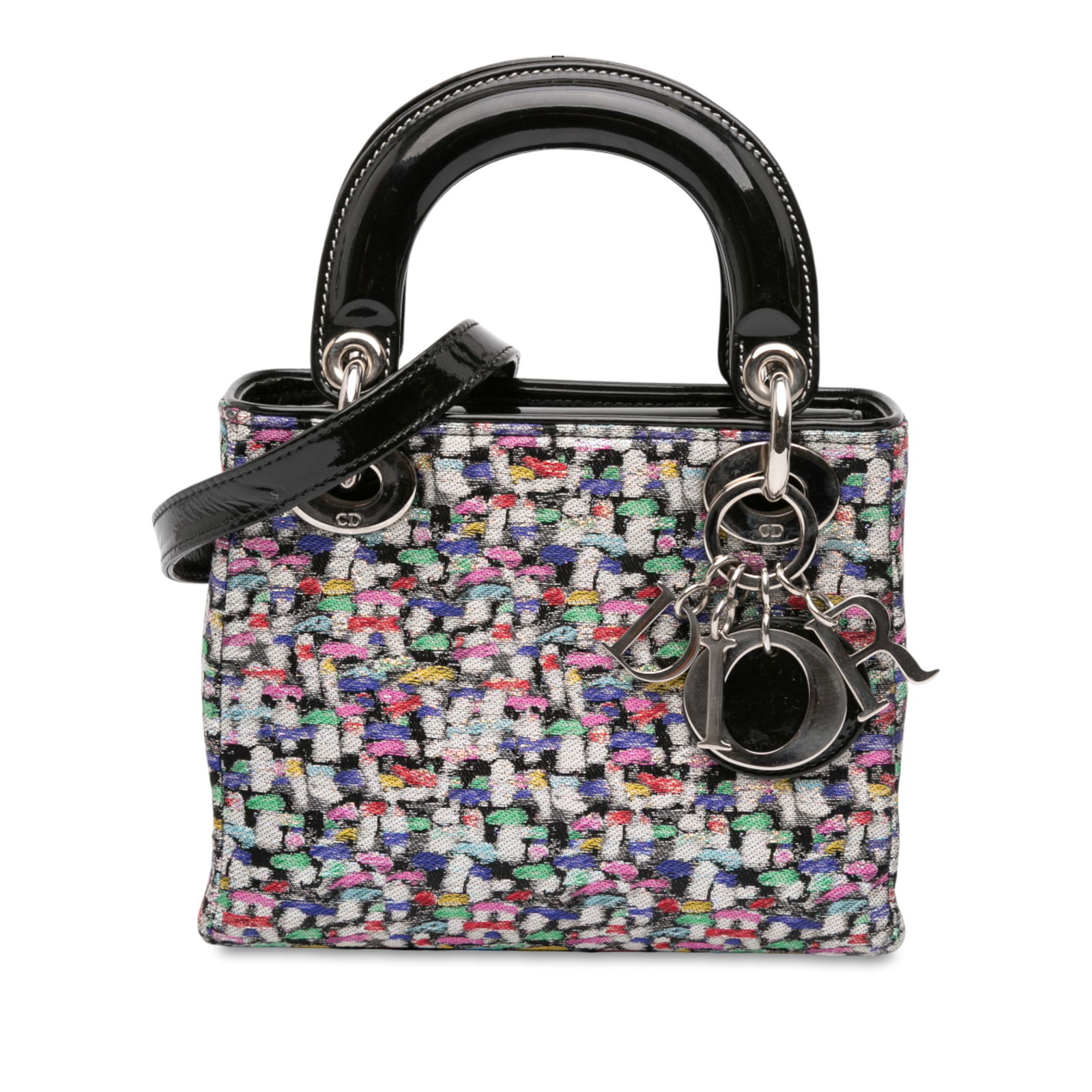 Dior Mini Lady Dior Multicolor Metallic Fabric & Patent Leather Bag: Dior Mini Lady Dior Multicolor Metallic Fabric & Patent Leather Bag Introducing the Mini Multicolor Metallic Fabric and Patent Leather Lady Dior, a stunning handbag that combines elegance and practica