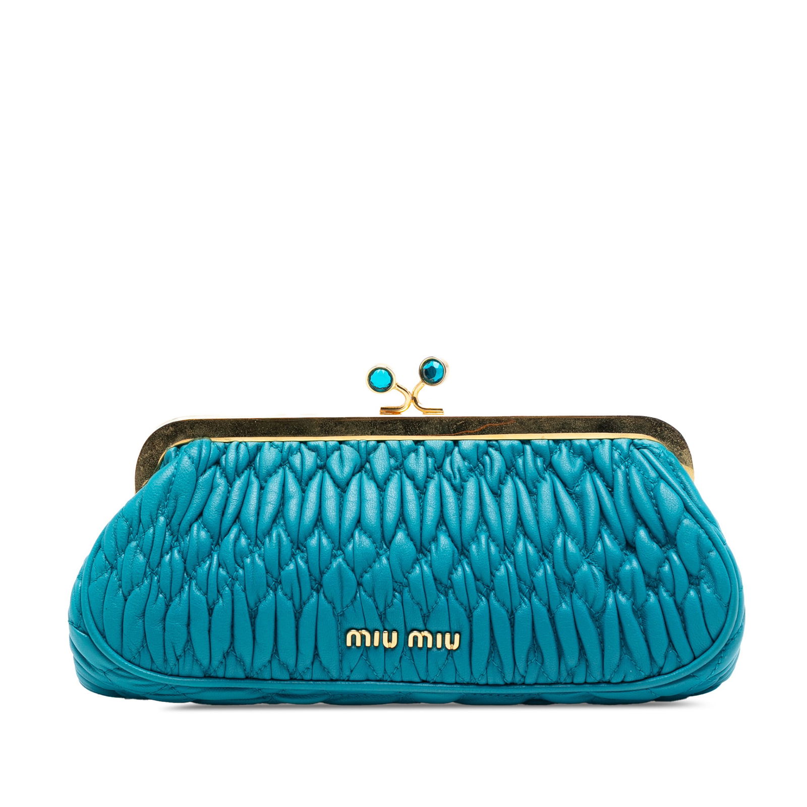 Blue Leather Matelasse Frame Clutch by Miu Miu with Kiss Lock: Blue Leather Matelasse Frame Clutch by Miu Miu with Kiss Lock This Miu Miu Matelasse Nappa Kiss Lock Frame Clutch features a quilted nappa leather exterior in blue with a metal frame and kiss lock clo