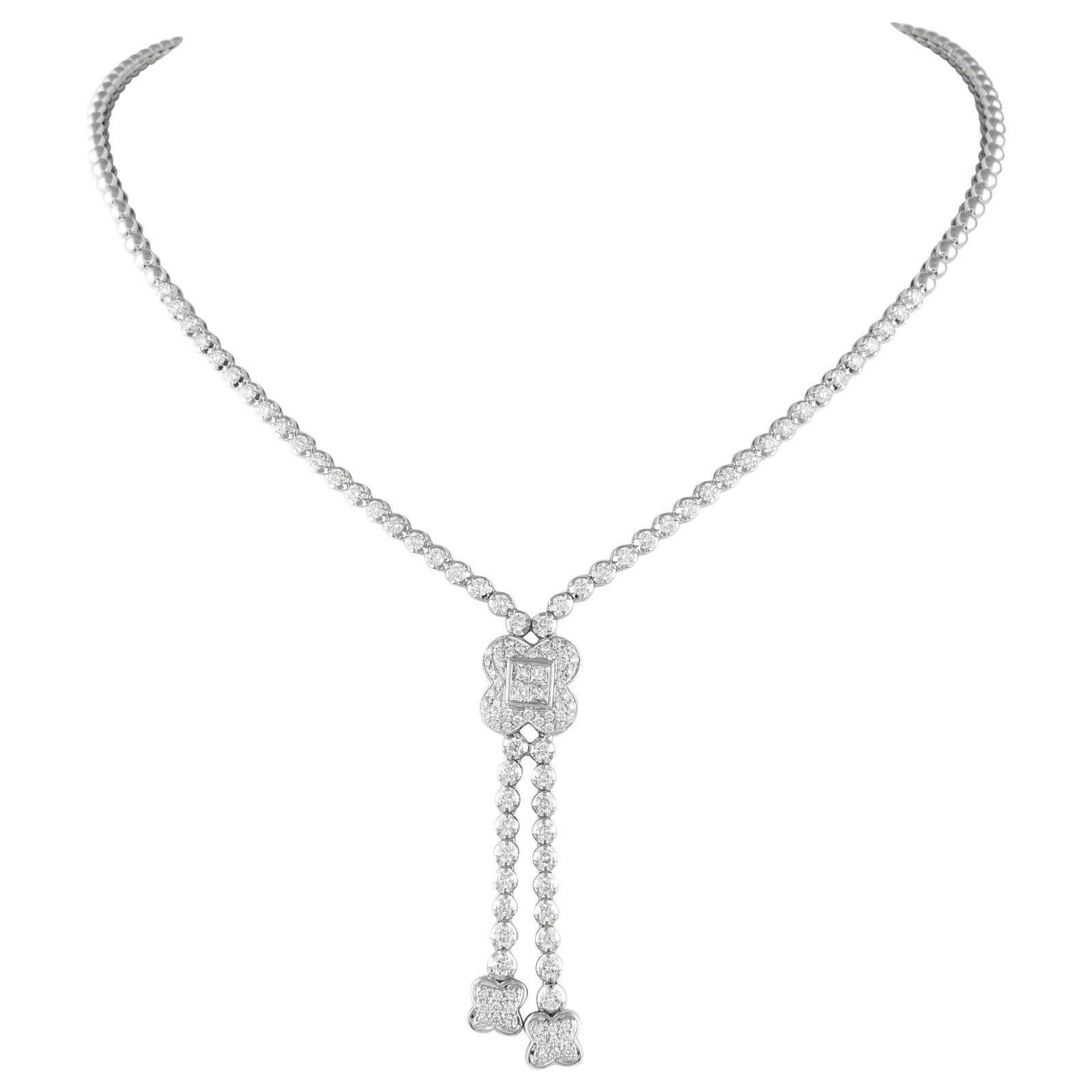 Diamond Bow Drop Necklace 3.22ct in 18k White Gold: Diamond Bow Drop Necklace 3.22ct in 18k White Gold This exquisite diamond drop bow necklace showcases a stunning design in 18k white gold. The necklace features a captivating bow motif adorned with 61