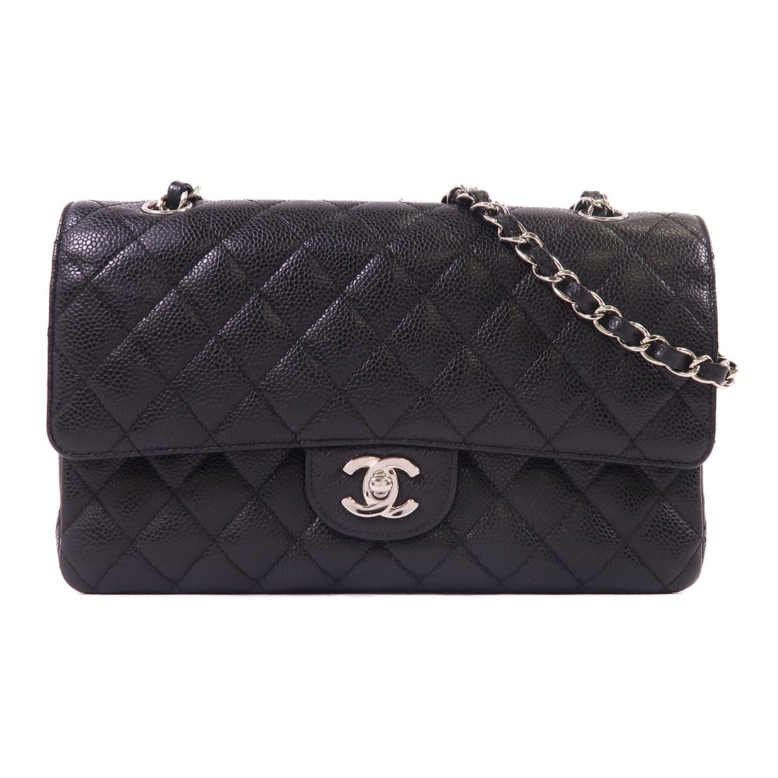 Black Calfskin Classic 25 Shoulder Bag by Chanel with Silver Tone Hardware: Black Calfskin Classic 25 Shoulder Bag by Chanel with Silver Tone Hardware This CHANEL Classic 25 chain shoulder bag features luxurious black calfskin leather and silver-tone hardware. Designed with a