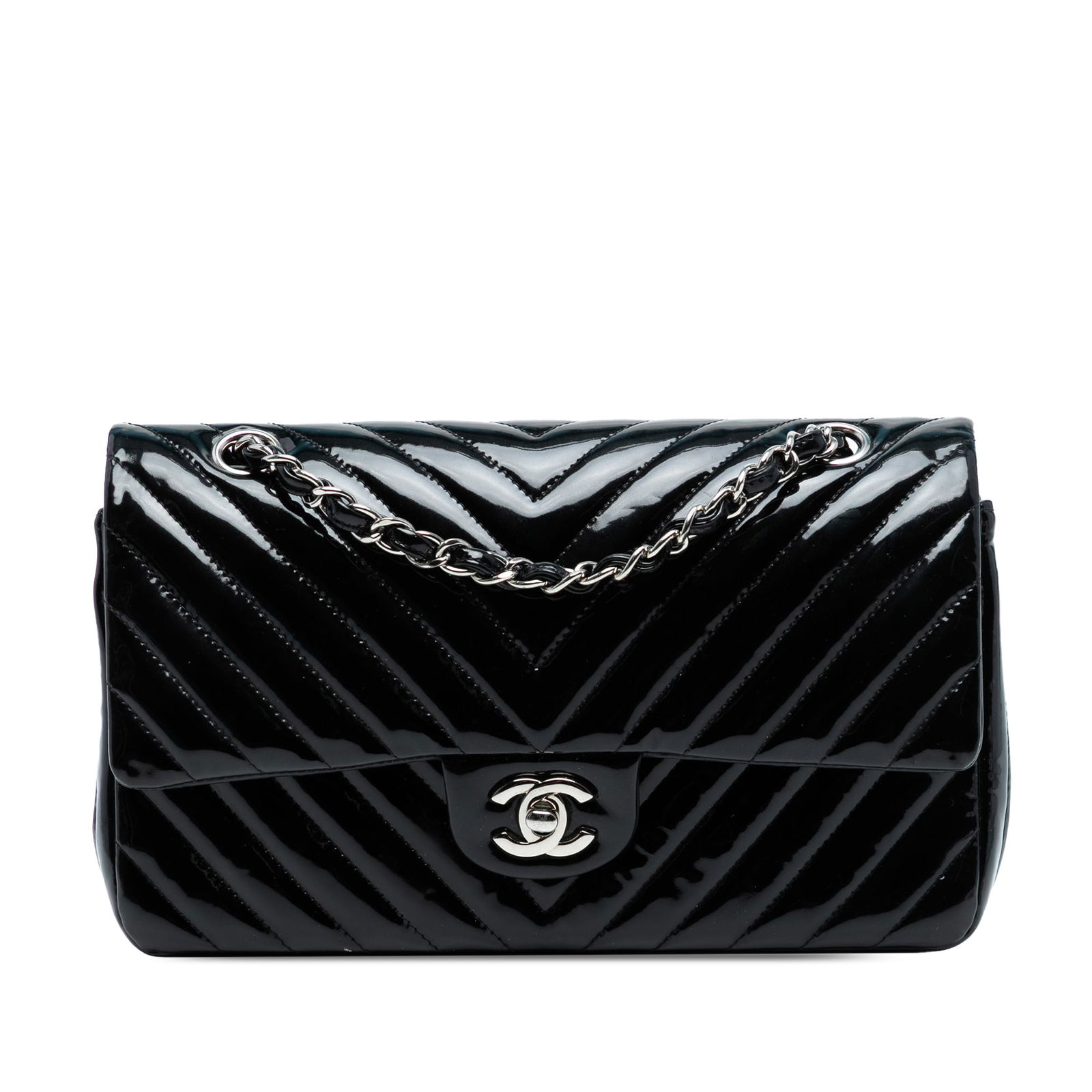 Chanel Medium Classic Chevron Blue Patent Double Flap Bag: Chanel Medium Classic Chevron Blue Patent Double Flap Bag This Chanel Medium Classic Chevron Patent Double Flap shoulder bag is a stylish addition to any collection. Crafted from quilted patent leathe