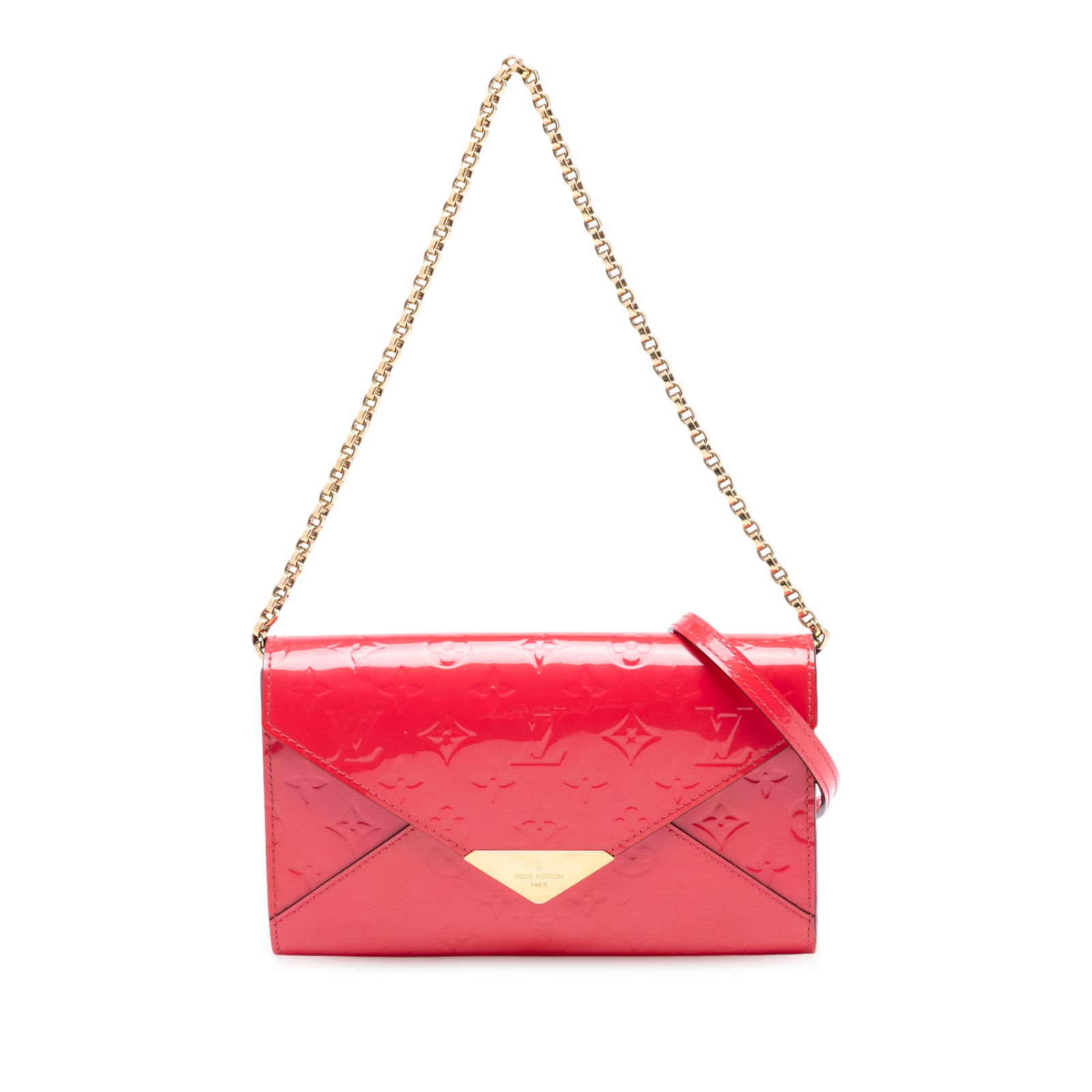 Monogram Vernis Mira Bag Pink Leather with Chain and Detachable Strap: Monogram Vernis Mira Bag Pink Leather with Chain and Detachable Strap This Louis Vuitton Monogram Vernis Mira bag features a pink monogram vernis leather body, a chain link strap, and a detachable ver