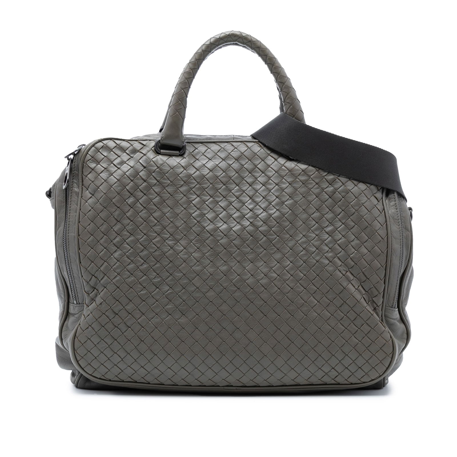 Bottega Veneta Gray Nappa Intrecciato Leather Briefcase: Bottega Veneta Gray Nappa Intrecciato Leather Briefcase Elevate your professional style with the Bottega Veneta Nappa Intrecciato Briefcase. This luxurious briefcase is crafted from nappa leather, fea