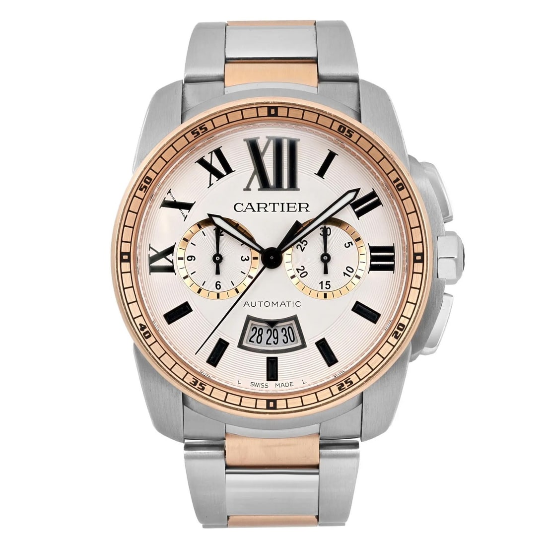 Cartier Calibre de Cartier 42mm Rose Gold Steel Ivory Dial Automatic Watch: Cartier Calibre de Cartier 42mm Rose Gold Steel Ivory Dial Automatic Watch This Cartier Calibre de Cartier is a luxurious wristwatch featuring a 42mm round case crafted from stainless steel with a bru