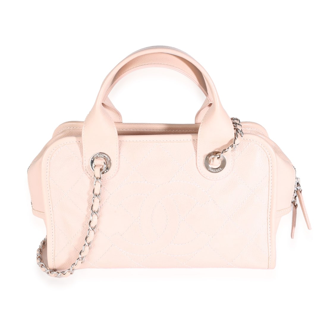 Chanel Small Deauville Bowling Bag Pink Caviar Leather with Authenticity Card: Chanel Small Deauville Bowling Bag Pink Caviar Leather with Authenticity Card This exquisite Chanel Small Deauville Bowling Handbag features a stunning pink quilted caviar leather exterior, complement