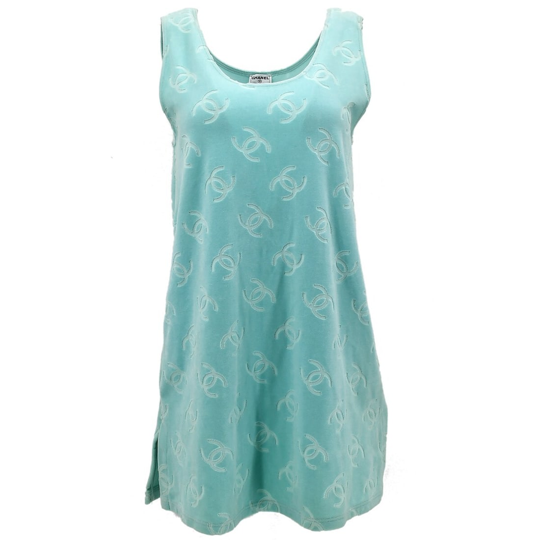Chanel Vintage Light Blue Sleeveless Tank Dress Size 40: Chanel Vintage Light Blue Sleeveless Tank Dress Size 40 Elevate your summer wardrobe with this exquisite Chanel sleeveless tank dress. Crafted from a luxurious blend of 85% cotton, 13.5% nylon, and 1.