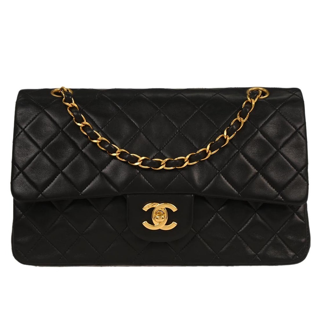 Chanel Black Lambskin Medium Classic Double Flap Shoulder Bag: Chanel Black Lambskin Medium Classic Double Flap Shoulder Bag This Chanel Black Lambskin Medium Classic Double Flap Shoulder Bag is a timeless accessory, perfect for both casual outings and cocktail p