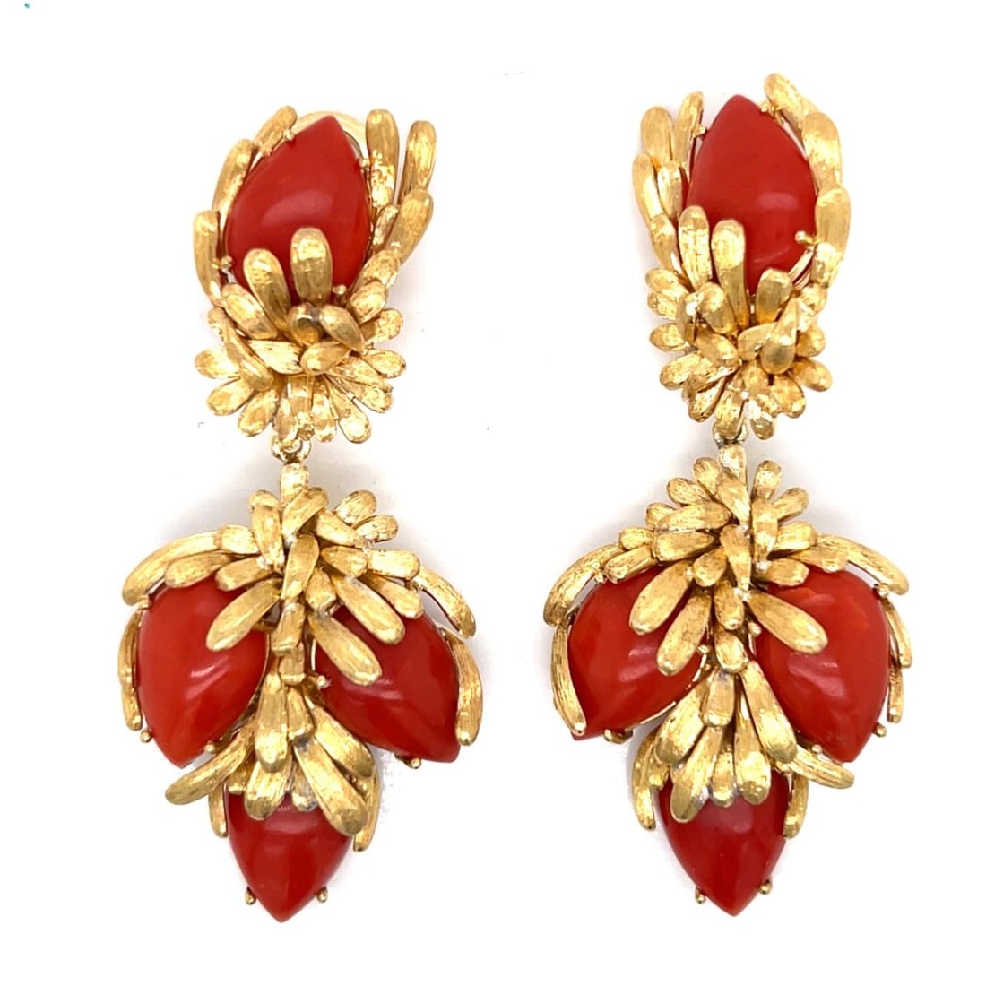 Vintage 18K Yellow Gold Earrings with Six Coral Stones 2.5 Inch (1 of 4)