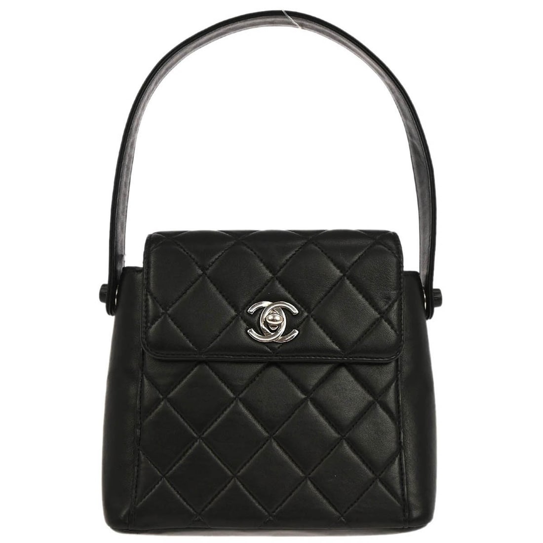 Small Classic Flap Top Handle Bag in Black Lambskin by Chanel: Small Classic Flap Top Handle Bag in Black Lambskin by Chanel This Chanel Classic Flap top handle bag is crafted from black leather with a matching black lambskin lining. It features a turn lock closu
