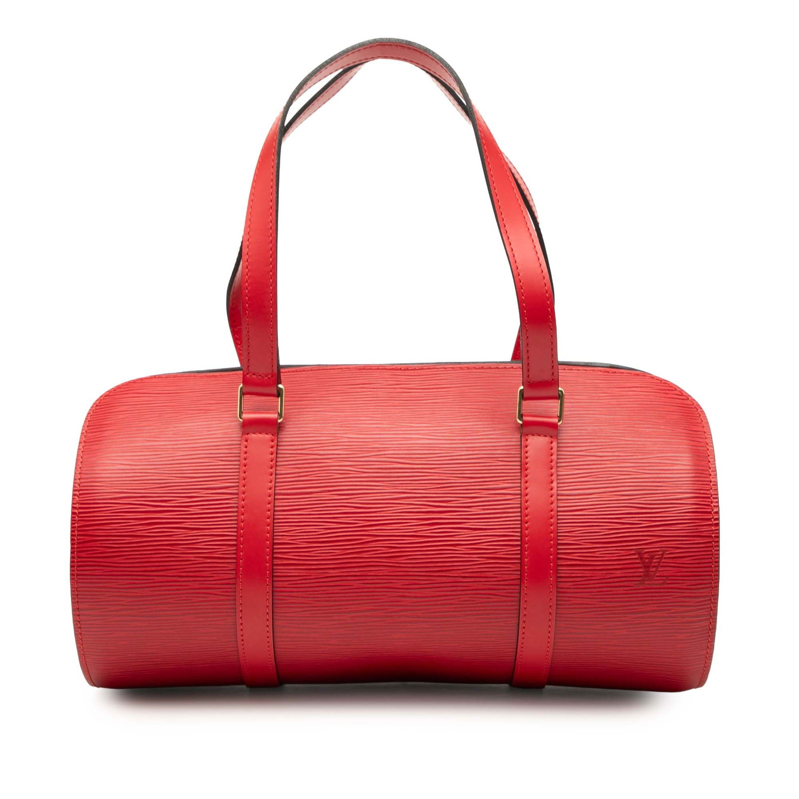 Red Epi Leather Soufflot Handbag by Louis Vuitton with Pouch: Red Epi Leather Soufflot Handbag by Louis Vuitton with Pouch This Louis Vuitton Epi Soufflot bag features a distinctive epi leather body in red, complemented by flat leather handles and a top zip clos