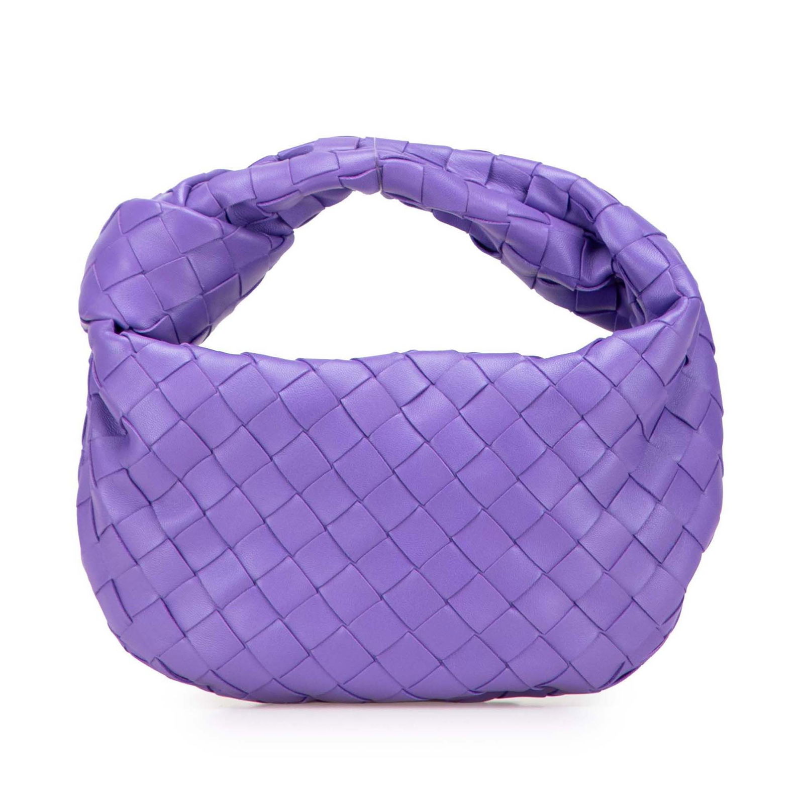 Bottega Veneta Mini Nappa Intrecciato Jodie Bag in Purple Leather: Bottega Veneta Mini Nappa Intrecciato Jodie Bag in Purple Leather Introducing the Bottega Veneta Mini Nappa Intrecciato Jodie, a stylish and compact bag crafted from exquisite woven nappa leather. Thi