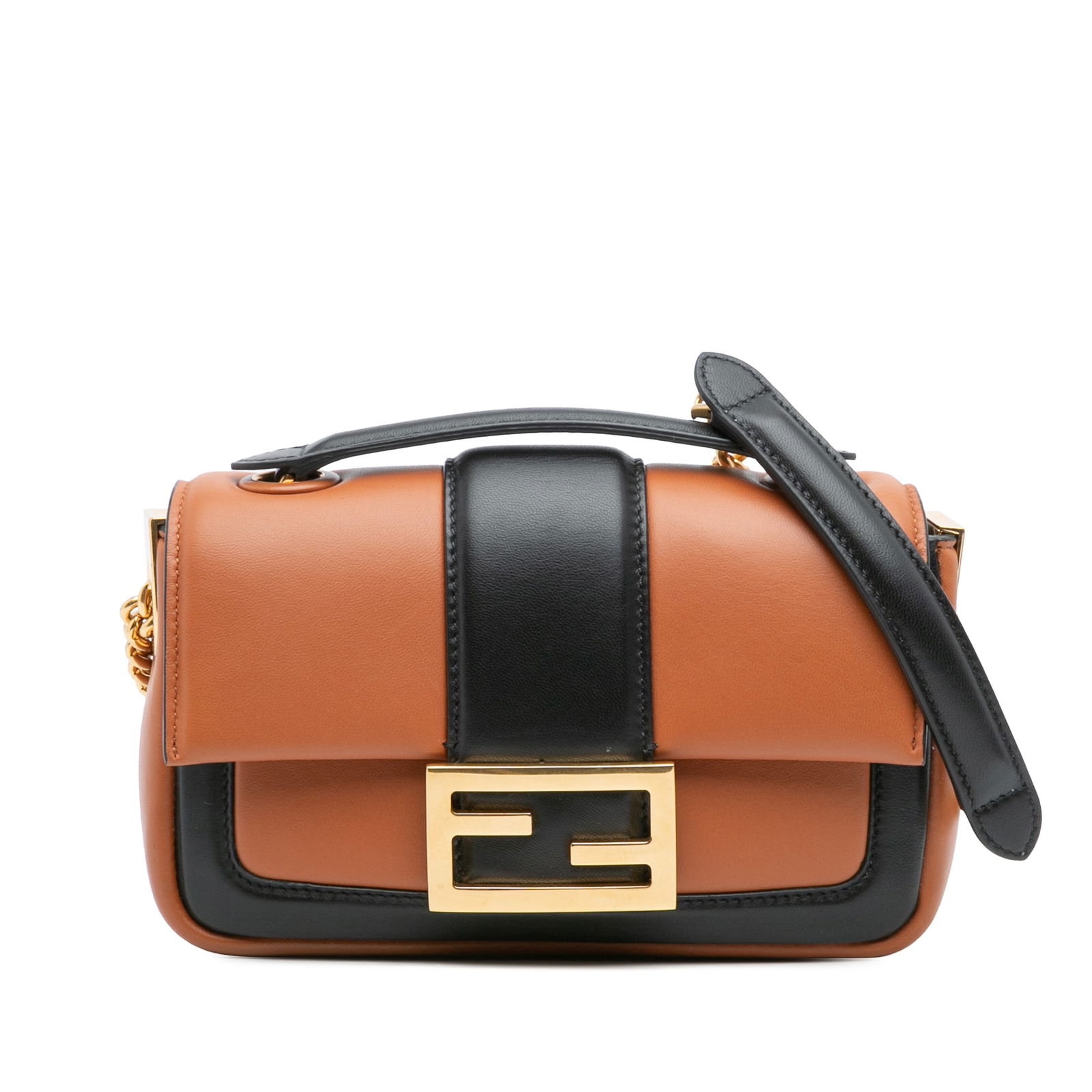 Fendi Mini Bicolor Nappa Apolo Chain Baguette Bag in Brown: Fendi Mini Bicolor Nappa Apolo Chain Baguette Bag in Brown This Fendi Mini Bicolor Nappa Apolo Chain Baguette Shoulder Bag showcases a stylish leather body complemented by chain link straps featuring
