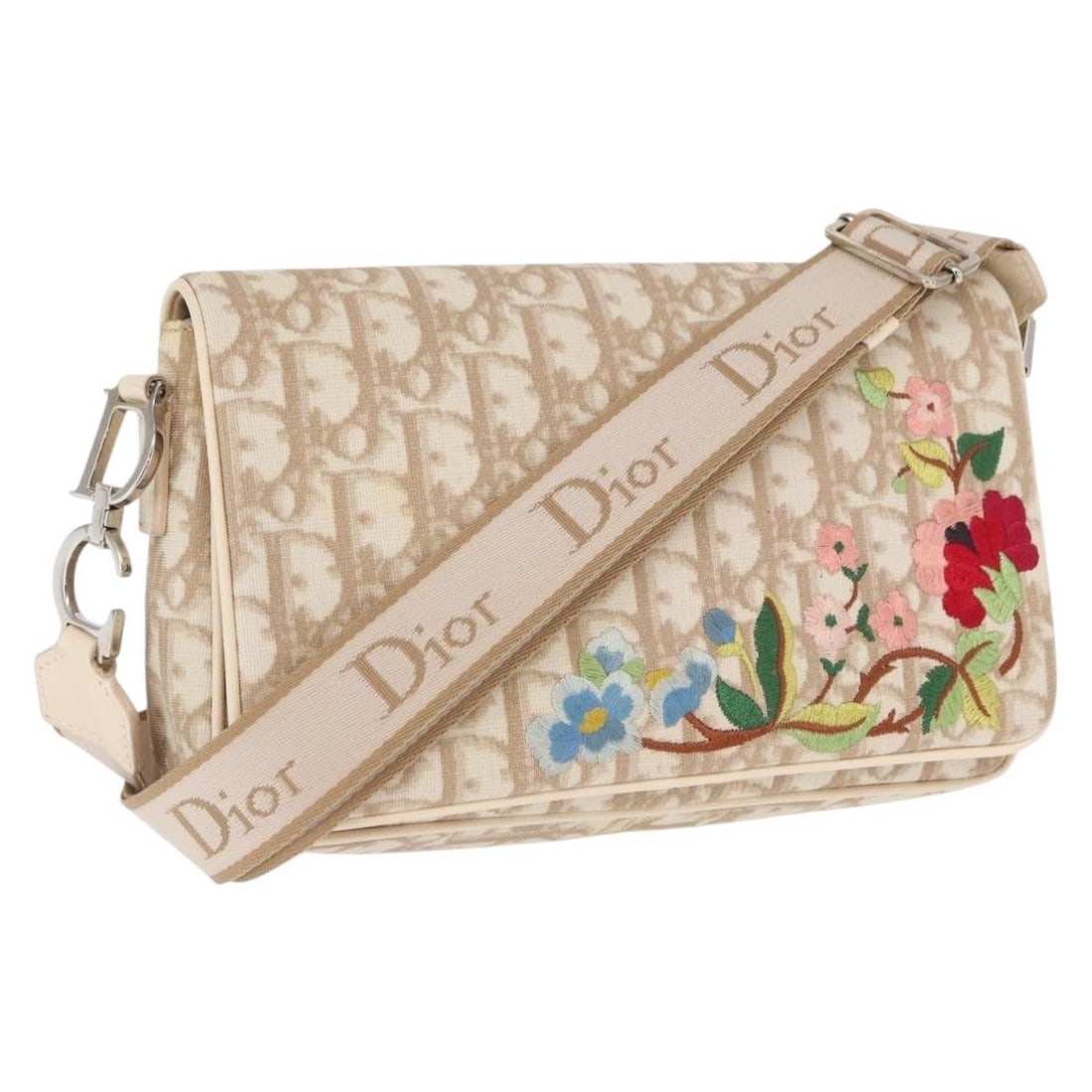Beige Trotter Canvas Flower Shoulder Bag by Christian Dior with PVC Accents (1 of 18)