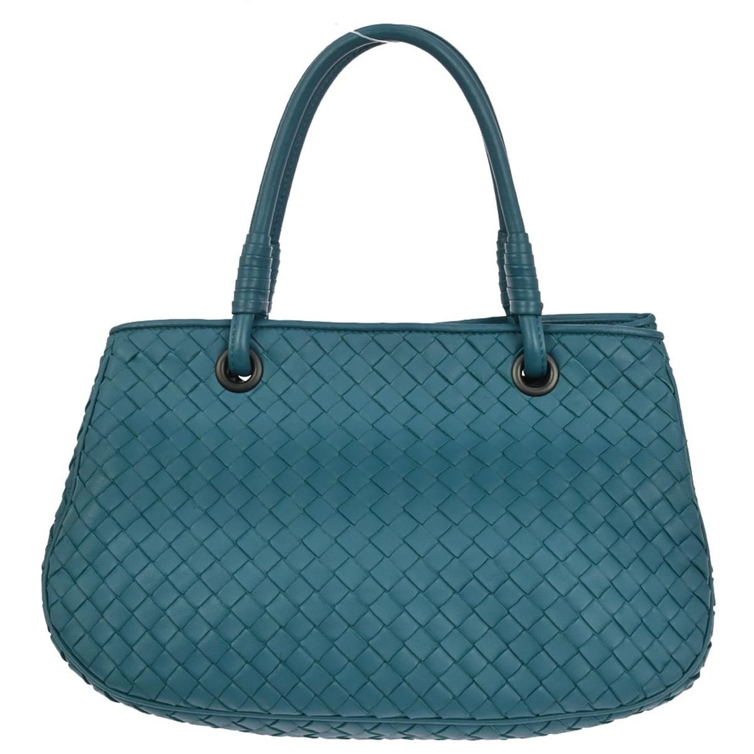 Green Lambskin Intrecciato Tote with Double Handles by Bottega Veneta: Green Lambskin Intrecciato Tote with Double Handles by Bottega Veneta This Bottega Veneta tote bag features the signature Intrecciato woven design in green lambskin leather. It is a medium-sized bag w