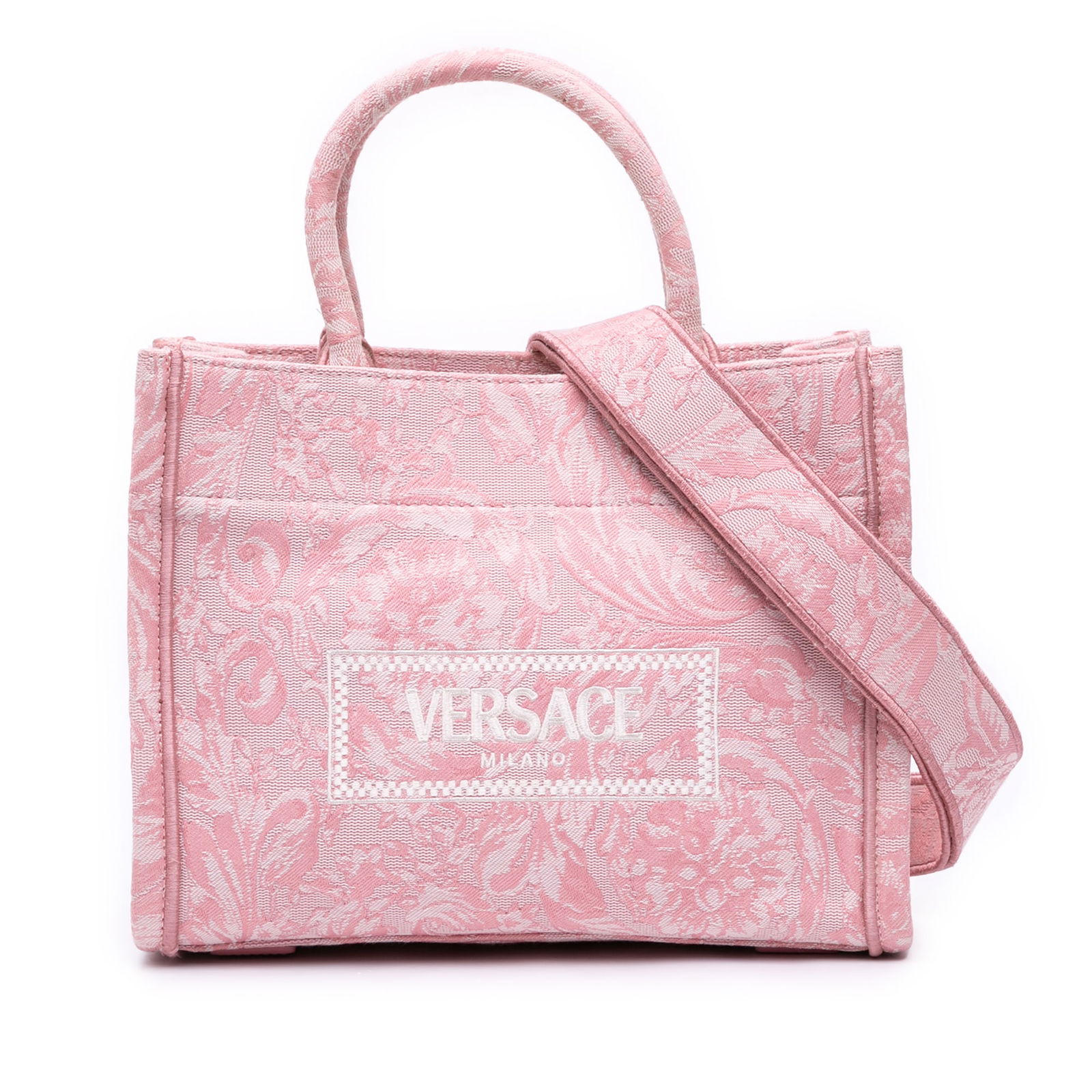 Versace Small Canvas Barocco Athena Tote Pink Fabric Satchel: Versace Small Canvas Barocco Athena Tote Pink Fabric Satchel Introducing the Versace Small Canvas Barocco Athena Tote, a stylish and functional accessory perfect for any fashion enthusiast. Crafted in