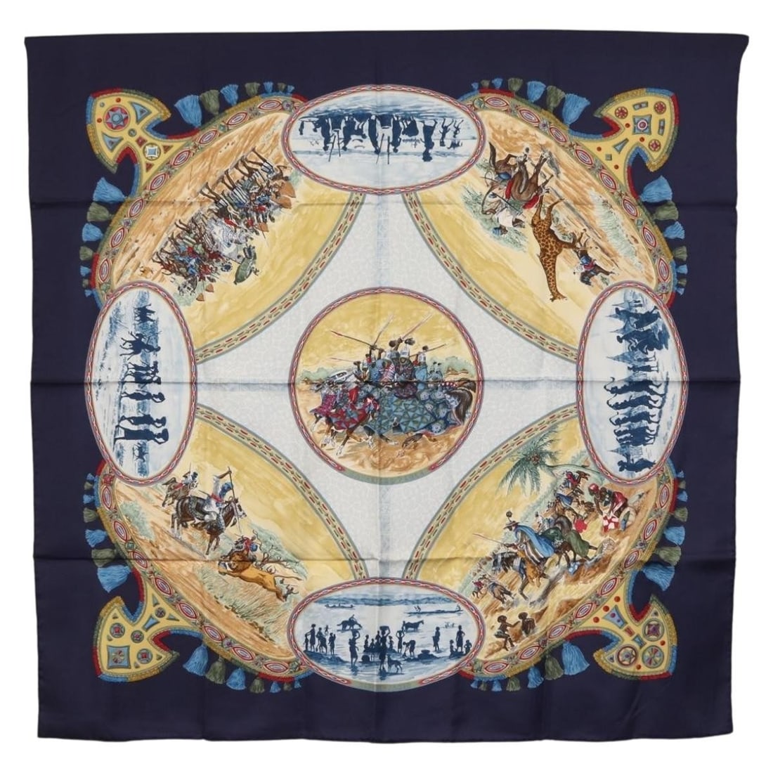 Silk Cavaliers Peulos Carre 90 Scarf by Hermes in Navy 35.4 Inch: Silk Cavaliers Peulos Carre 90 Scarf by Hermes in Navy 35.4 Inch This Hermes Carre 90 "CAVALIERS PEULOS" scarf features a navy color and is crafted from luxurious silk. Made in France, this scarf show