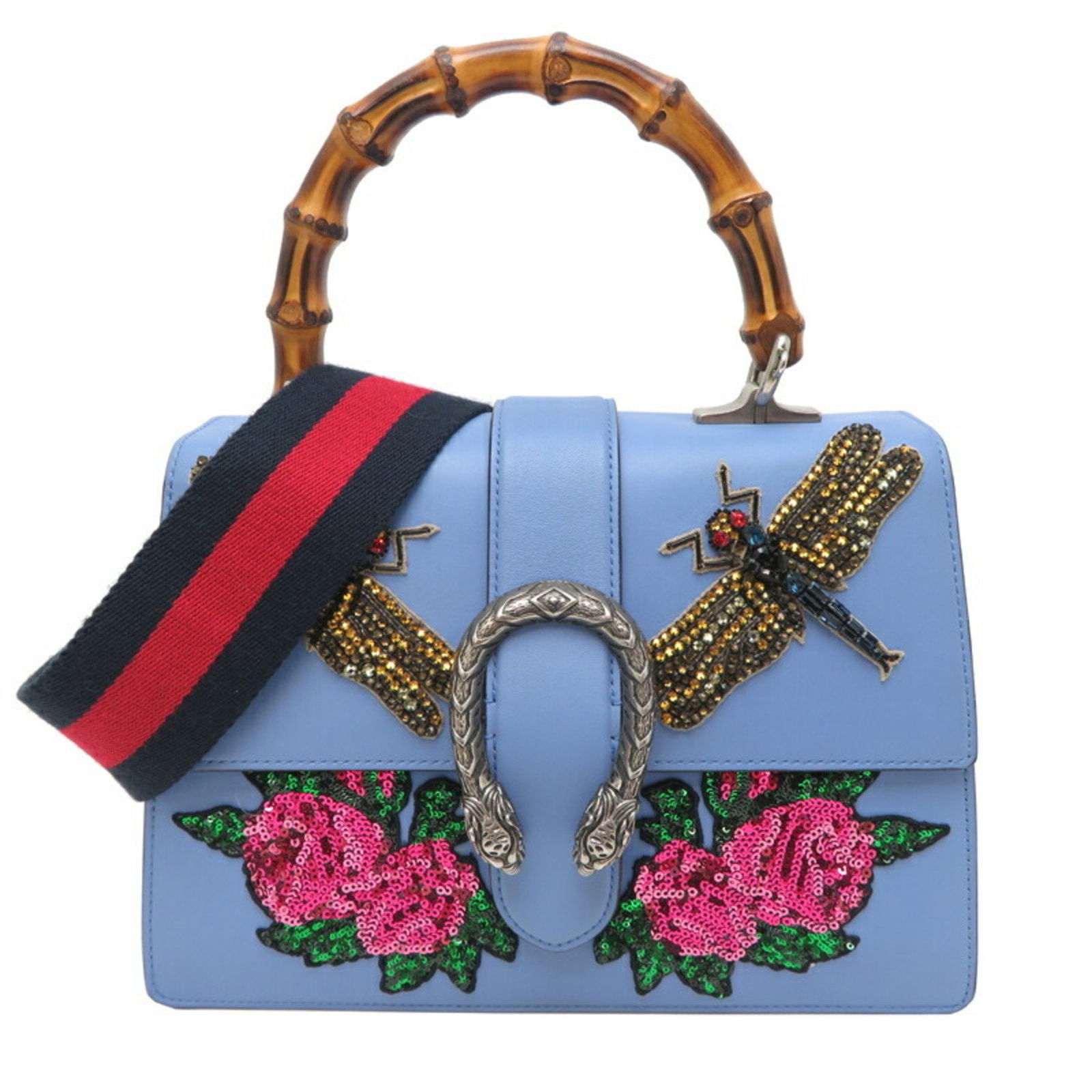 Blue Leather Dionysus Bamboo Handbag by Gucci: Blue Leather Dionysus Bamboo Handbag by Gucci The Gucci Dionysus Bamboo is a women's handbag crafted from blue leather. This Italian-made bag features bamboo details and offers a spacious interior. It