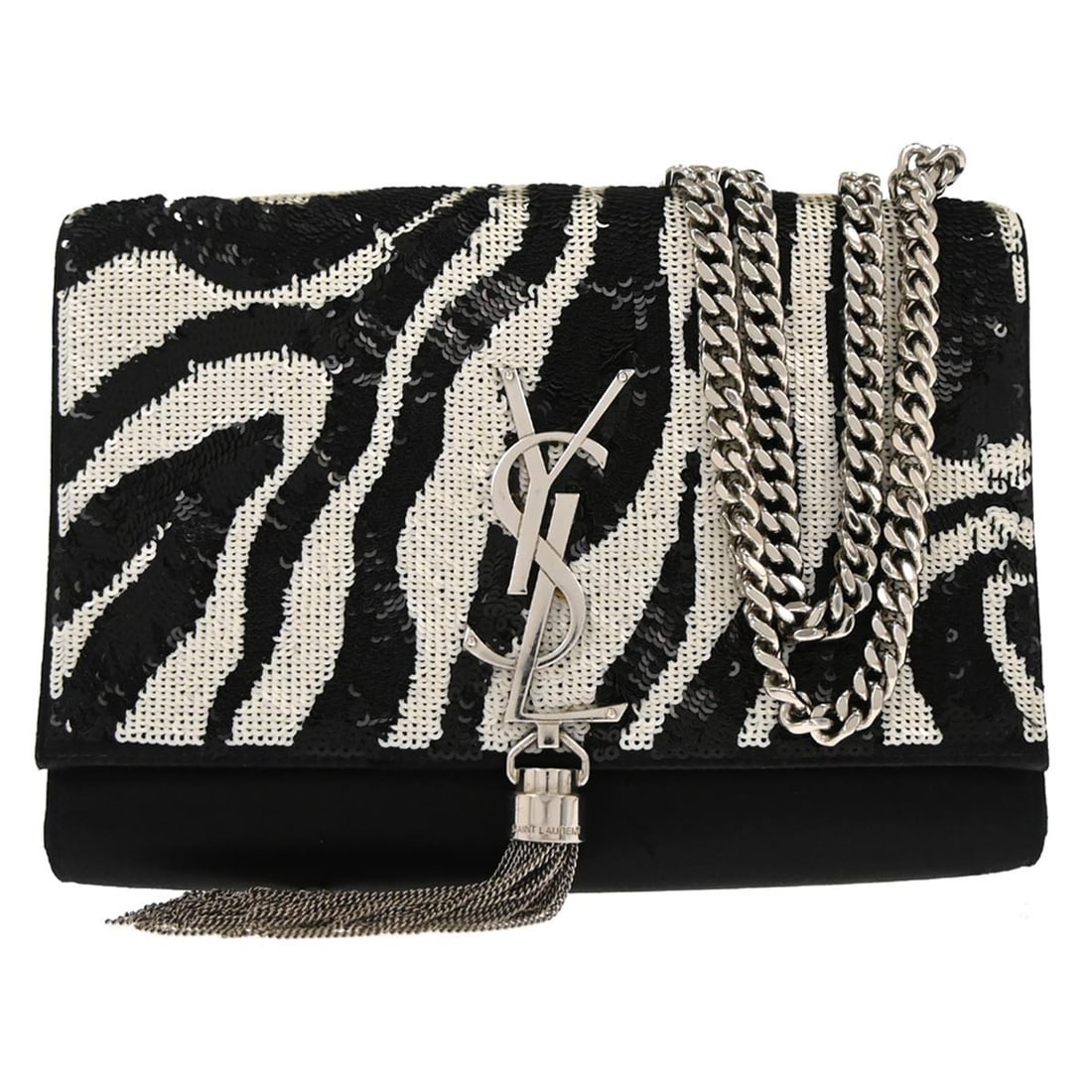 Saint Laurent Kate Mini Crossbody Bag Black Satin with Sequins: Saint Laurent Kate Mini Crossbody Bag Black Satin with Sequins This Saint Laurent Kate mini shoulder bag features a black satin exterior embellished with sequins and a prominent logo accent. Designed