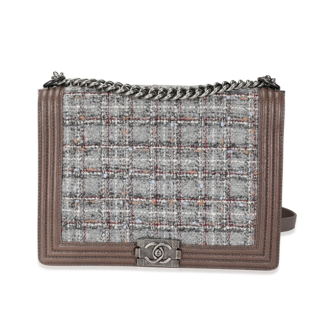 Chanel Large Boy Handbag Taupe Multicolor Tweed Caviar 2013: Chanel Large Boy Handbag Taupe Multicolor Tweed Caviar 2013 This stunning Chanel Large Boy Handbag features a sophisticated taupe and multicolor tweed design, expertly crafted from premium leather and