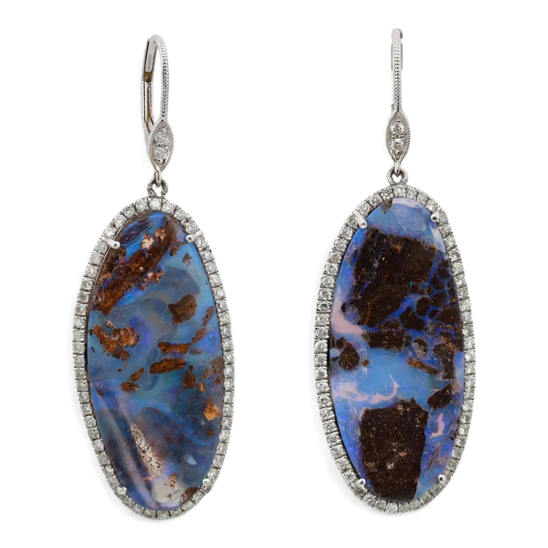 Boulder Opal and Diamond Dangle Earrings in Sterling Silver and 14K White Gold: Boulder Opal and Diamond Dangle Earrings in Sterling Silver and 14K White Gold These elegant drop earrings feature a center oval-shaped blue boulder opal set in 925 sterling silver, surrounded by a ha