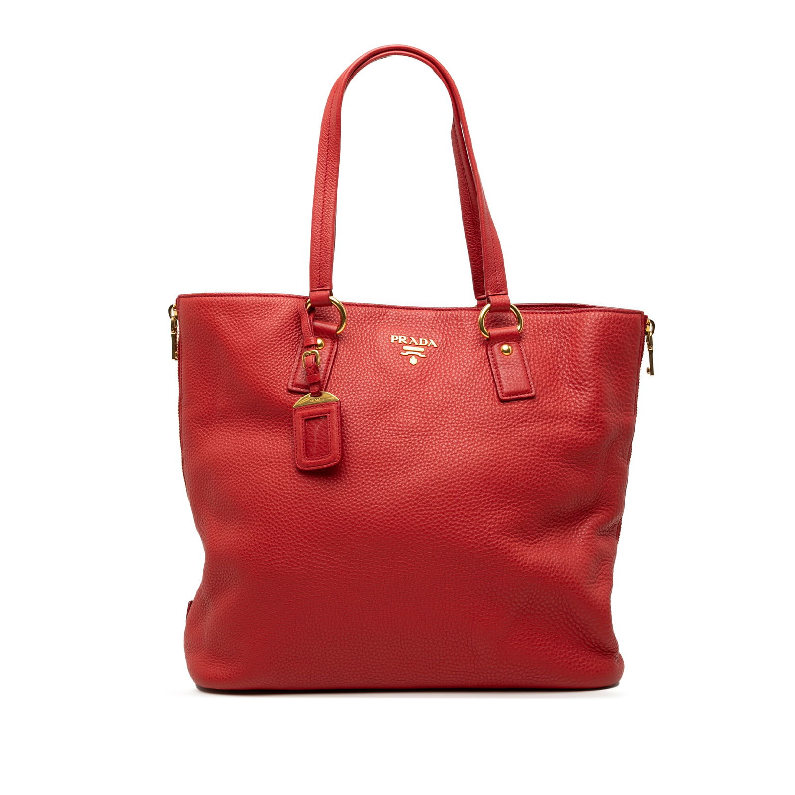 Red Prada Vitello Daino Leather Tote Bag with Side Zipper Detail: Red Prada Vitello Daino Leather Tote Bag with Side Zipper Detail The Prada Vitello Daino Side Zip Tote is crafted from red leather and features flat leather handles, an open top, exterior side zippers