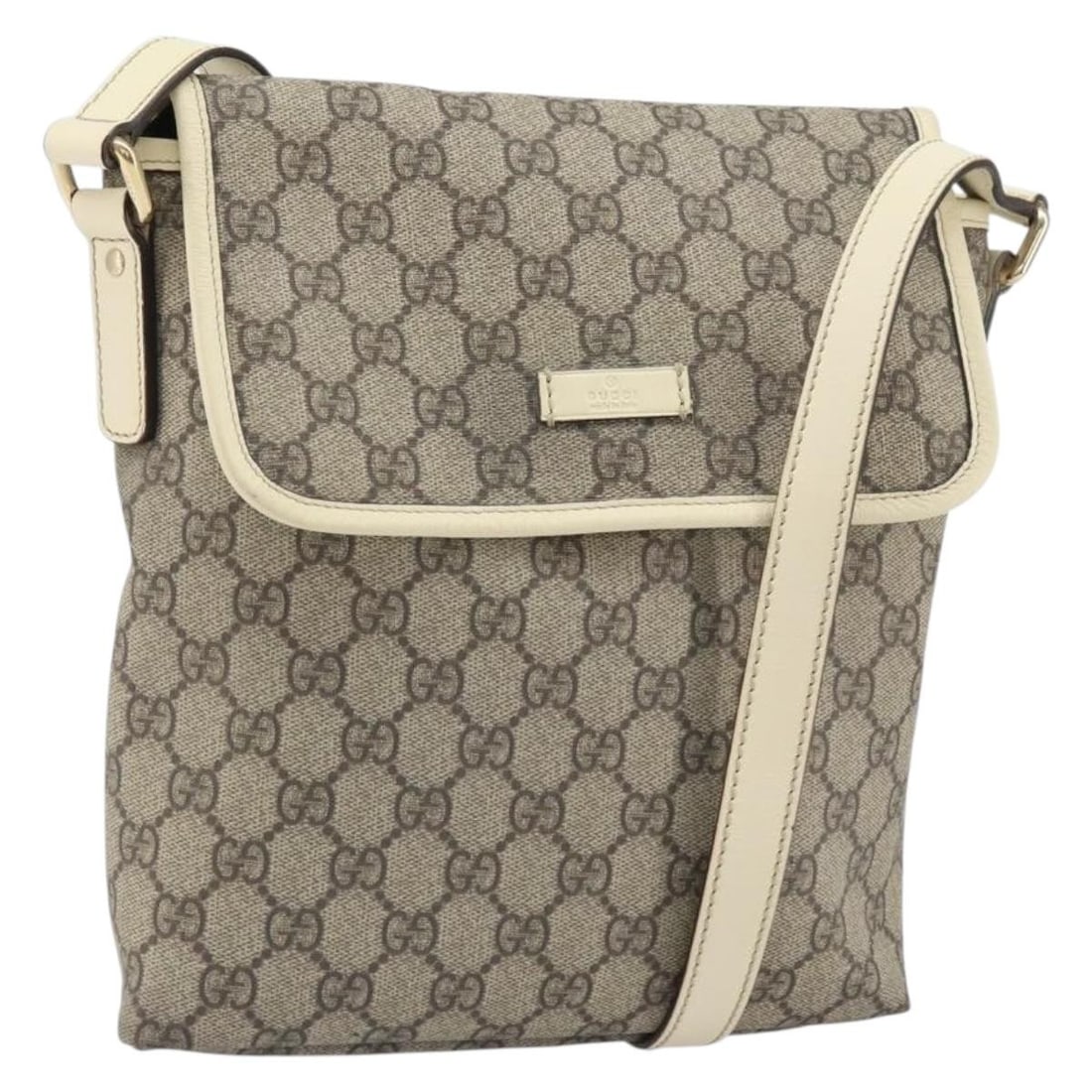 Beige and Gold GG Supreme PVC Shoulder Bag by Gucci 223666: Beige and Gold GG Supreme PVC Shoulder Bag by Gucci 223666 This is a GUCCI GG Supreme shoulder bag crafted from beige and gold-tone PVC leather and GG canvas. The bag features a compact design with an