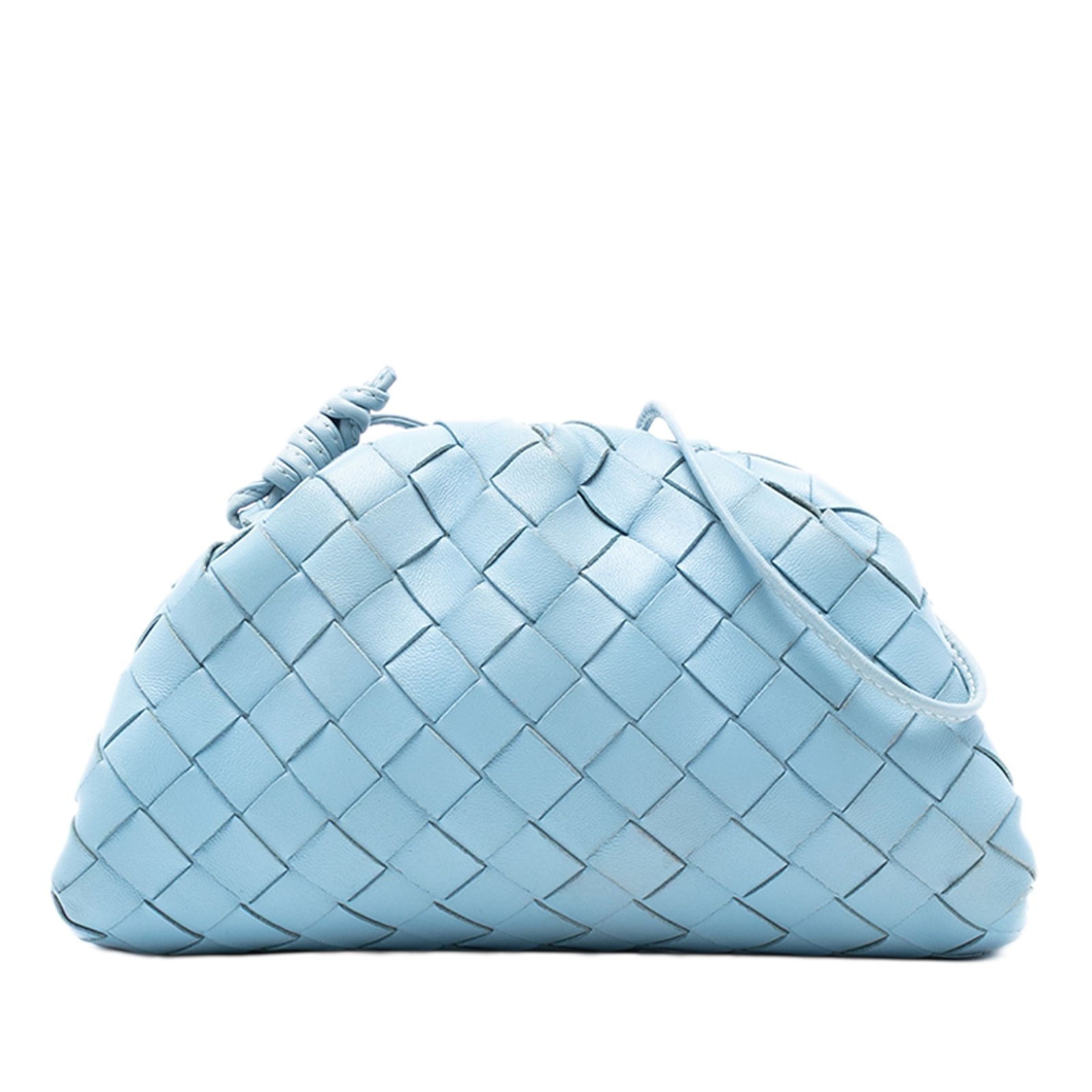 Bottega Veneta Mini Pouch Crossbody in Woven Nappa Leather Blue: Bottega Veneta Mini Pouch Crossbody in Woven Nappa Leather Blue This Bottega Veneta Nappa Intrecciato The Mini Pouch Crossbody features a woven leather exterior, a flat leather strap, and a magnetic c