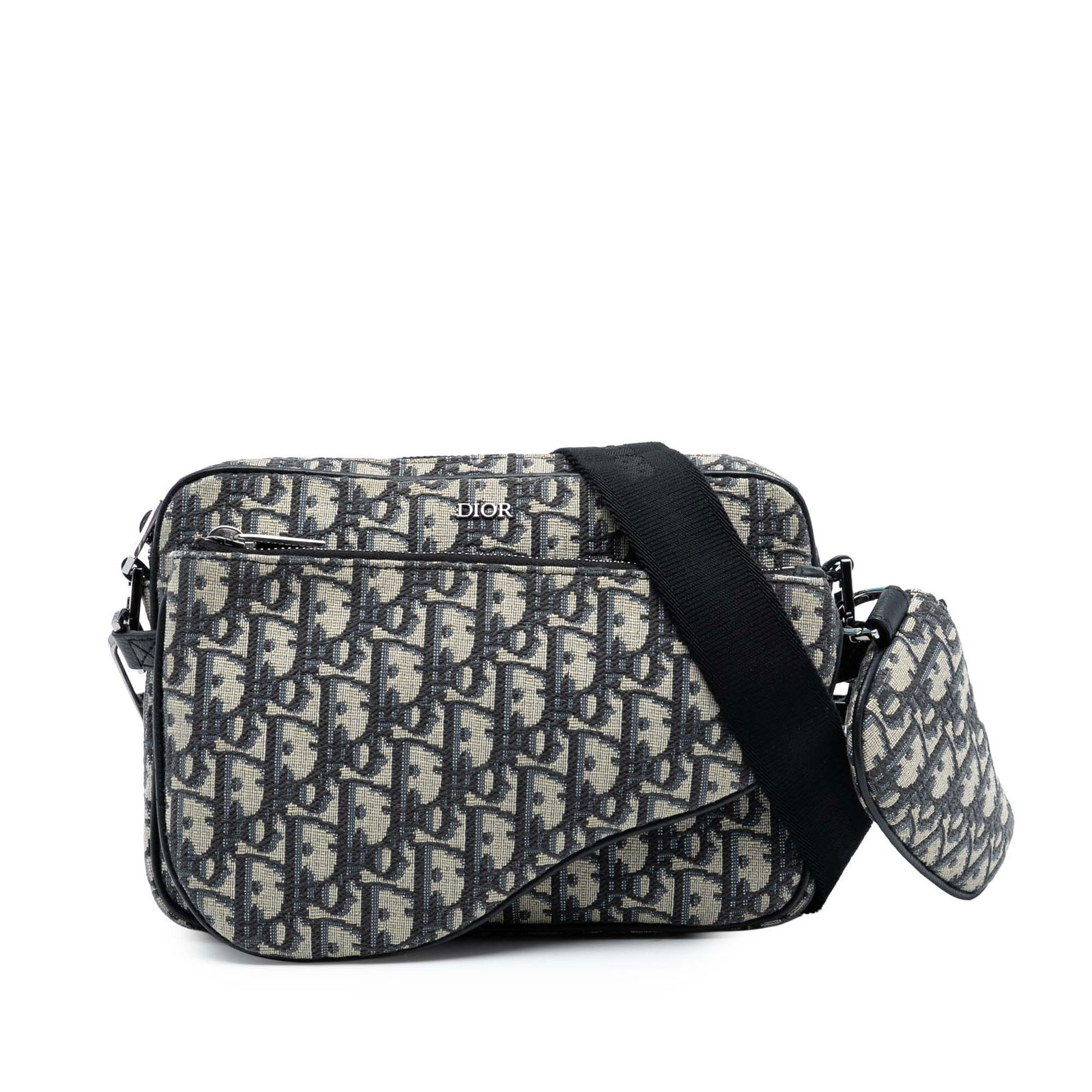 Dior Oblique Saddle Triple Pouch Blue Canvas Crossbody Bag: Dior Oblique Saddle Triple Pouch Blue Canvas Crossbody Bag The Dior Oblique Canvas Saddle Triple Pouch is a versatile crossbody bag crafted with a blue fabric body and features a detachable flat nylon