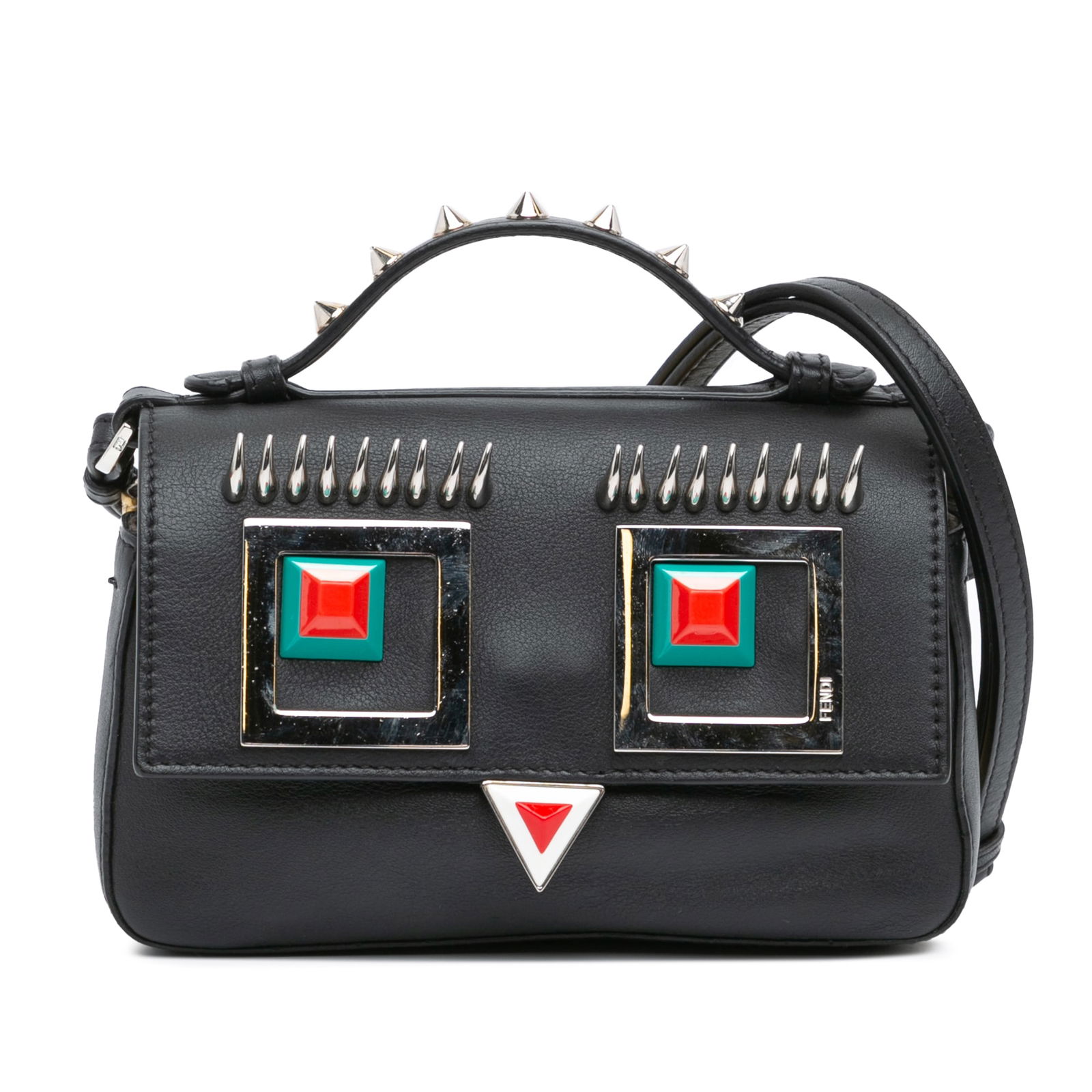Fendi Micro Hypnoteyes Double Baguette Satchel Black Leather with Spike Details: Fendi Micro Hypnoteyes Double Baguette Satchel Black Leather with Spike Details Introducing the Fendi Micro Hypnoteyes Double Baguette Satchel, a stunning blend of style and functionality. This exquis