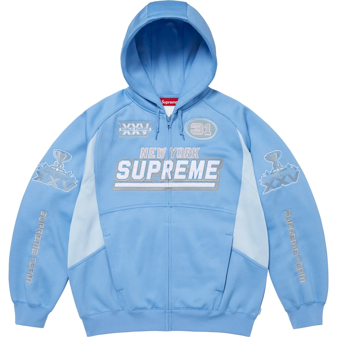 Light Blue Supreme Zip Hoodie with Football Inspired Design: Light Blue Supreme Zip Hoodie with Football Inspired Design The Supreme Football Light Blue Zip Up Hoodie is crafted from a soft, heavyweight cotton-blend fleece for warmth and comfort. Featuring a fu