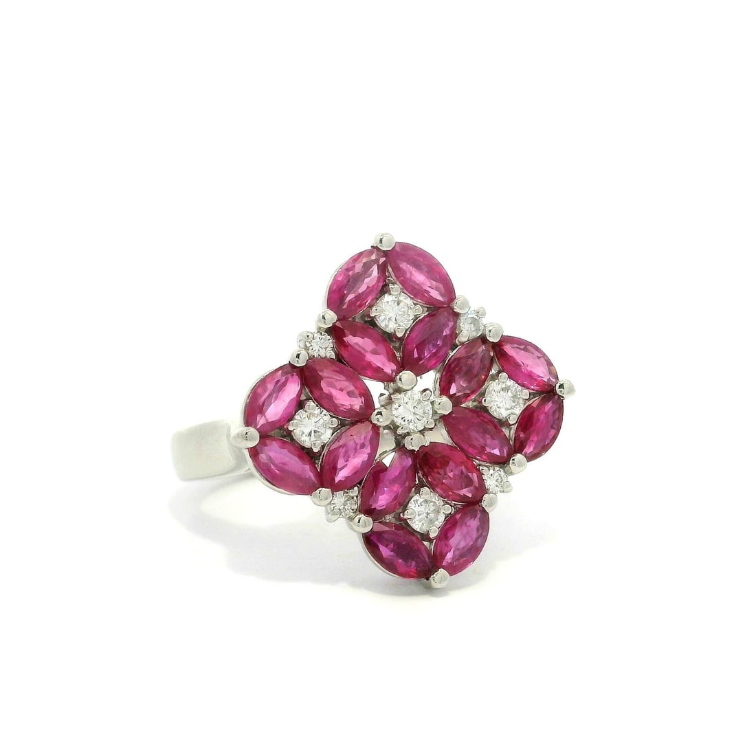 Platinum Statement Ring with Marquise Ruby and Diamond Clusters - 3