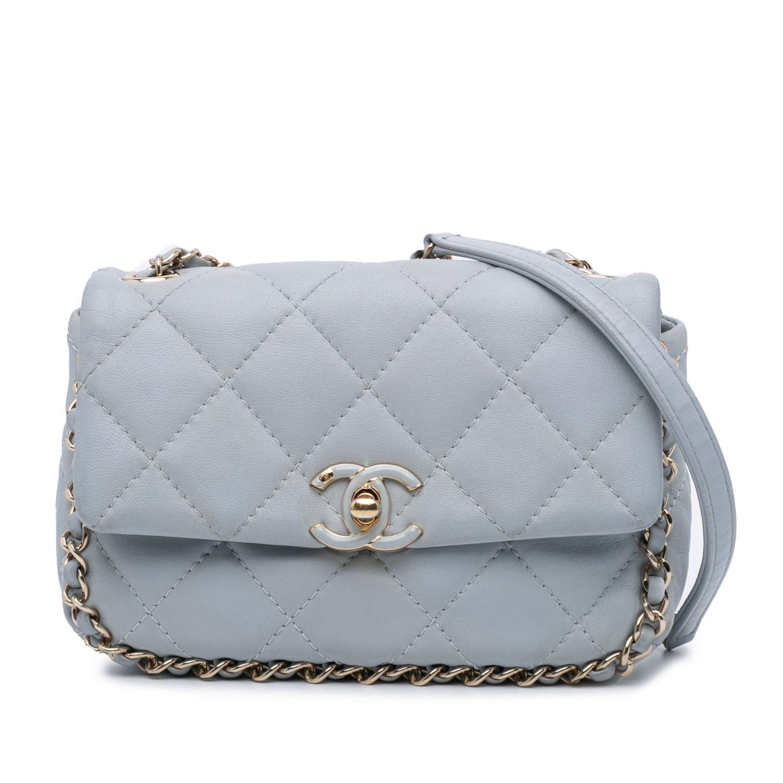 Chanel Mini Calfskin Chain Around Flap Gray Leather Bag: Chanel Mini Calfskin Chain Around Flap Gray Leather Bag This Chanel Mini Calfskin Chain Around Flap is a stylish accessory crafted from quilted calfskin leather. It features a leather woven chain stra