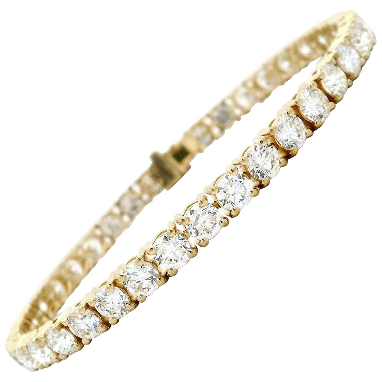 11.43ct Diamond Tennis Bracelet 18k Yellow Gold: 11.43ct Diamond Tennis Bracelet 18k Yellow Gold This exquisite diamond tennis bracelet features a total of 11.43 carats, showcasing 38 round cut white diamonds. Crafted from 18k yellow gold, this cont