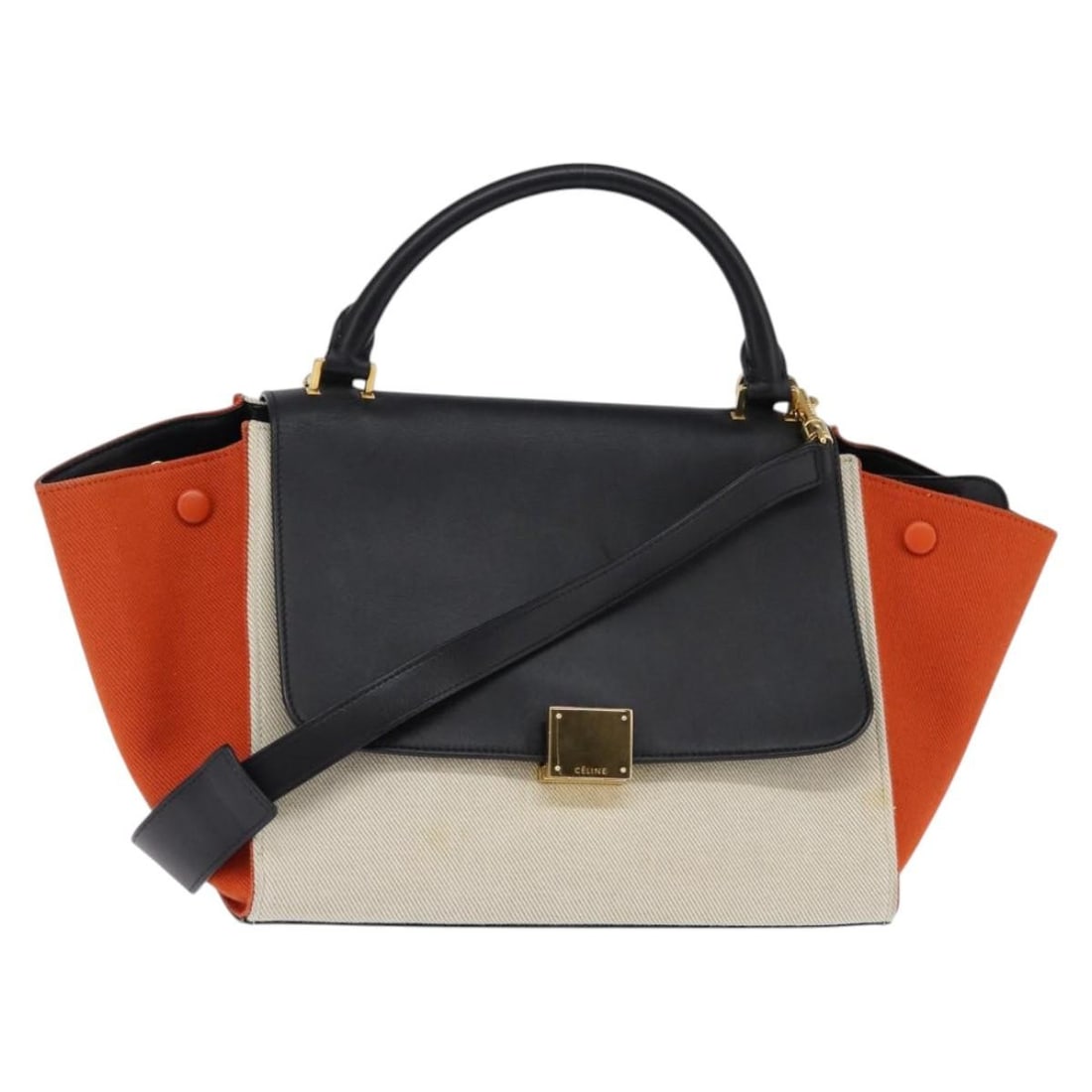 CELINE Trapeze Hand Bag Beige Black Orange Canvas Auth 142841 Italy: CELINE Trapeze Hand Bag Beige Black Orange Canvas Auth 142841 Italy This authentic CELINE Trapeze Hand Bag is a stylish blend of leather and canvas, featuring a chic color combination of beige, black,