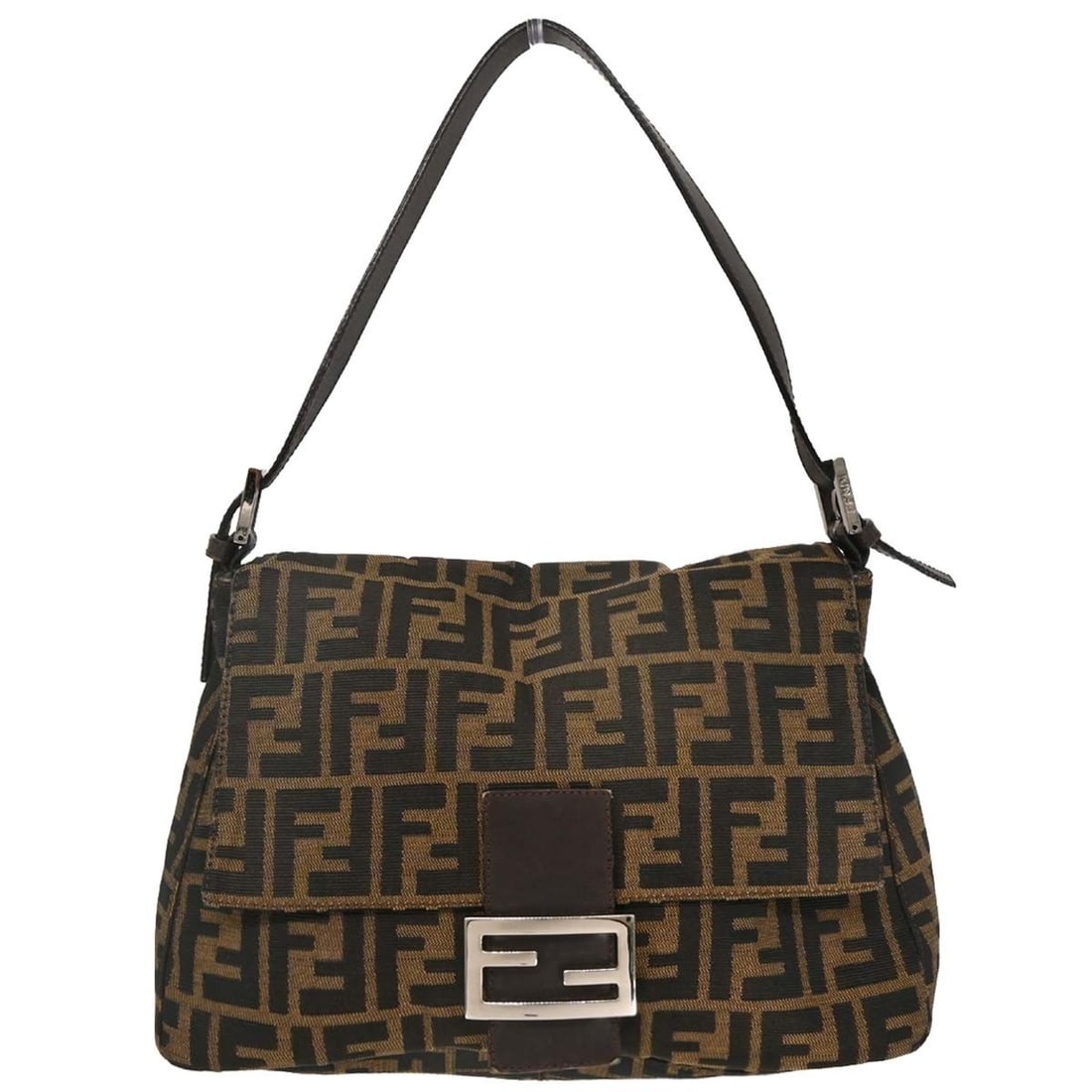 Fendi Zucca Mamma Baguette Brown Canvas Handbag 2321-26325-008: Fendi Zucca Mamma Baguette Brown Canvas Handbag 2321-26325-008 This elegant Fendi Mamma Baguette handbag showcases the iconic Fendi Zucca pattern in a rich brown canvas. Designed for casual occasions,