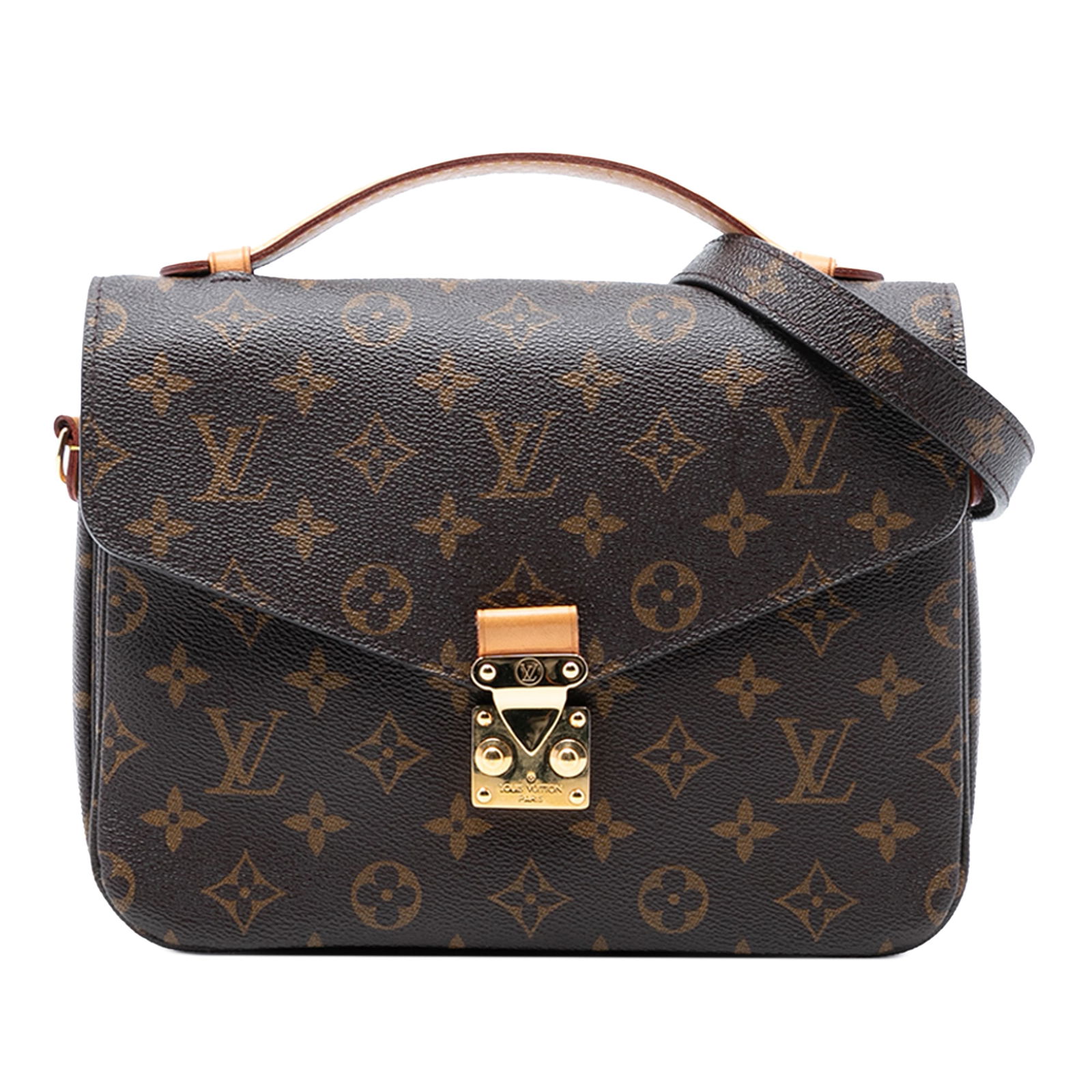 Pochette Metis Shoulder Bag with Monogram Canvas and Leather Handle: Pochette Metis Shoulder Bag with Monogram Canvas and Leather Handle This Louis Vuitton Monogram Pochette Metis features a classic monogram canvas body with a flat vachetta leather top handle, detachab