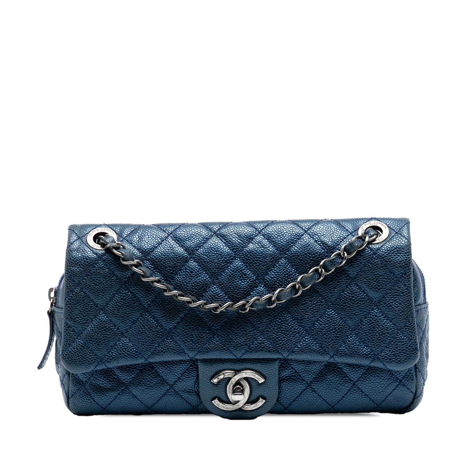 Chanel Blue Iridescent Caviar Leather Medium Easy Flap Crossbody Bag: Chanel Blue Iridescent Caviar Leather Medium Easy Flap Crossbody Bag This Chanel Medium Quilted Iridescent Caviar Easy Flap crossbody bag is crafted from quilted caviar leather in blue and features a