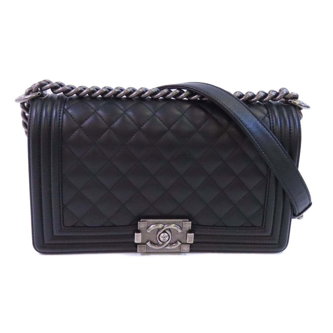 Black Lambskin Boy Shoulder Bag by Chanel with Silver Tone CC Hardware (1 of 16)