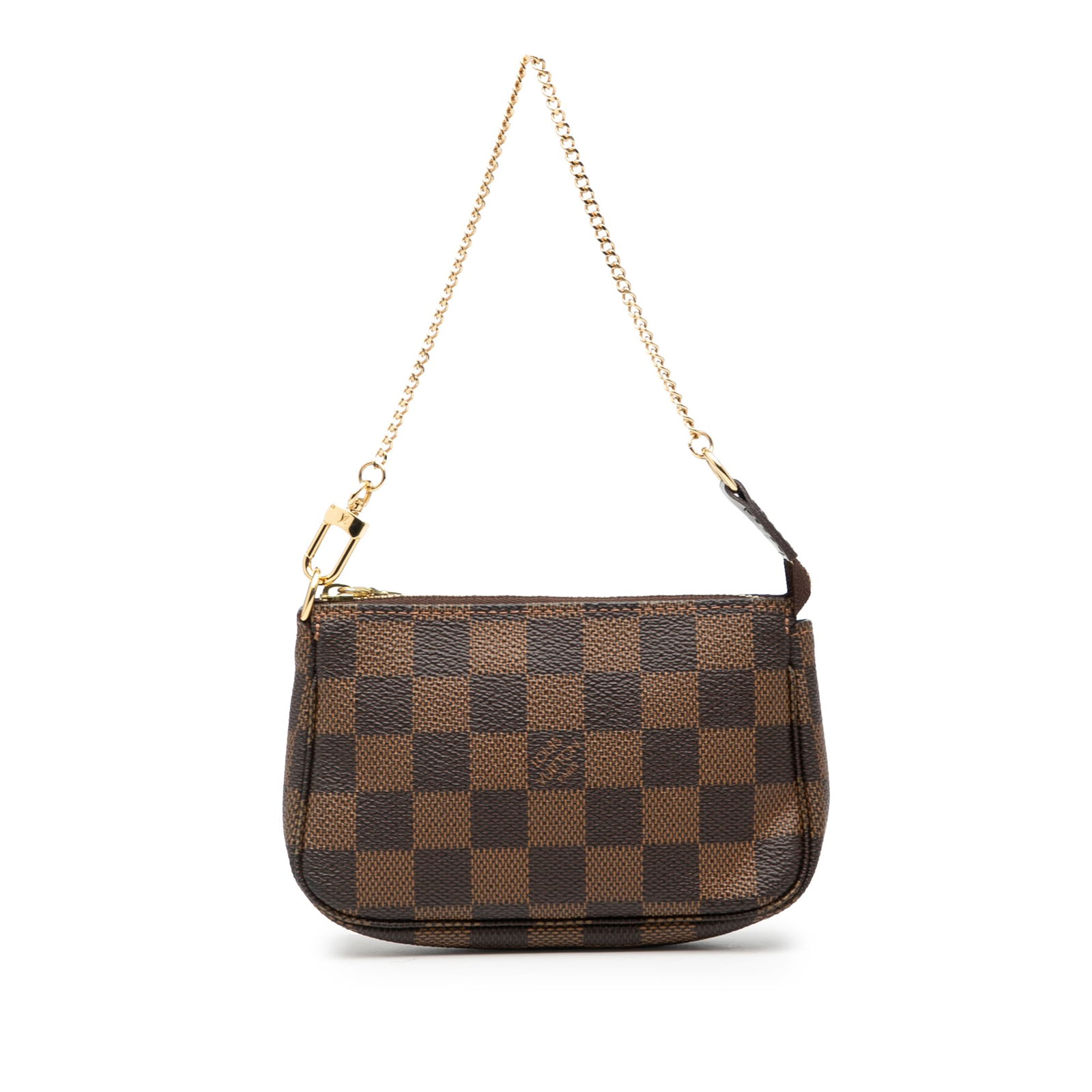 Damier Ebene Mini Pochette Accessoires brown canvas clutch with gold chain: Damier Ebene Mini Pochette Accessoires brown canvas clutch with gold chain This Louis Vuitton Damier Ebene Mini Pochette Accessoires features the iconic Damier canvas body in brown, complemented by a