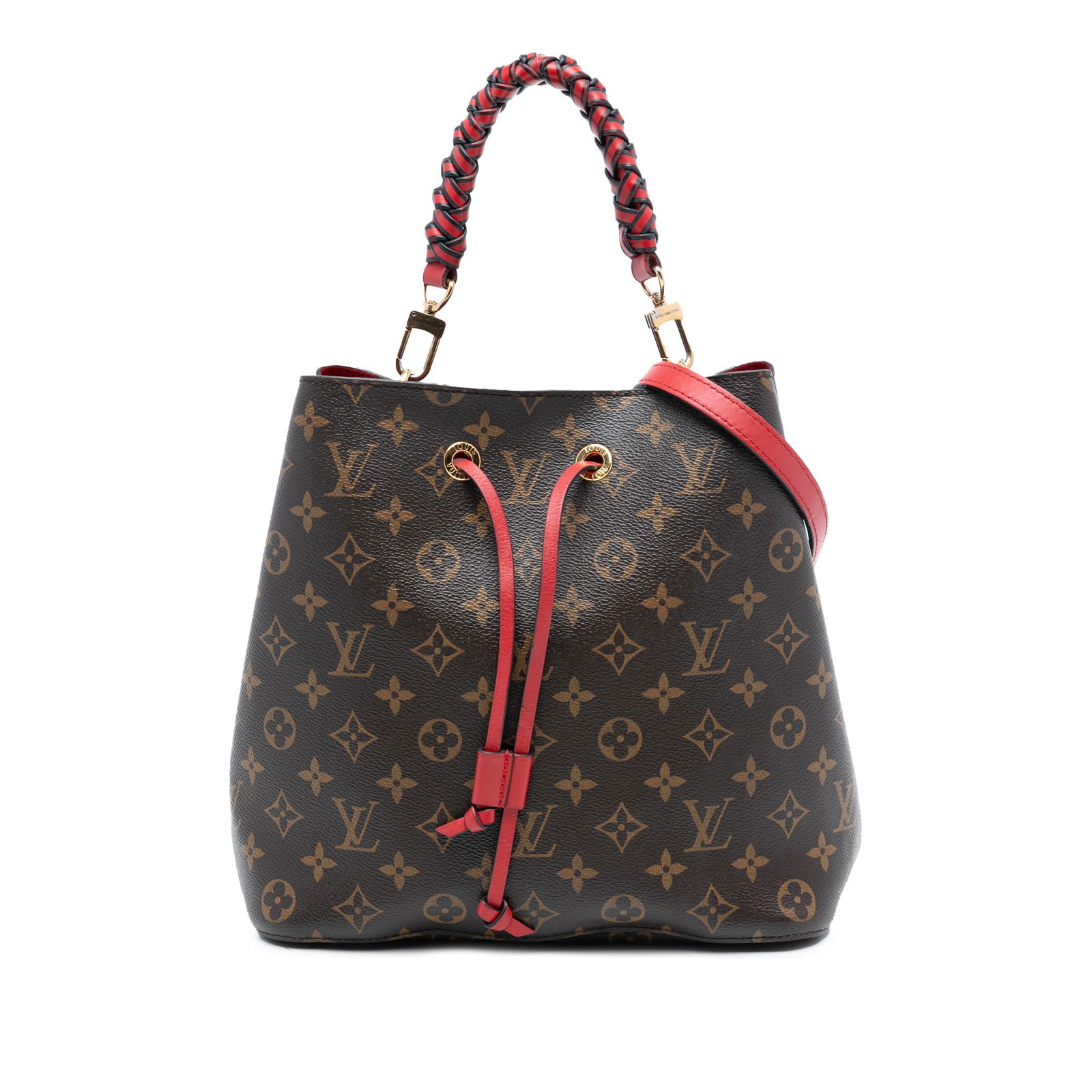 Louis Vuitton Neonoe MM Shoulder Bag with Braided Handle in Monogram Canvas: Louis Vuitton Neonoe MM Shoulder Bag with Braided Handle in Monogram Canvas This Louis Vuitton Monogram Braided Neonoe MM features the iconic monogram canvas body, a detachable flat leather strap, a d