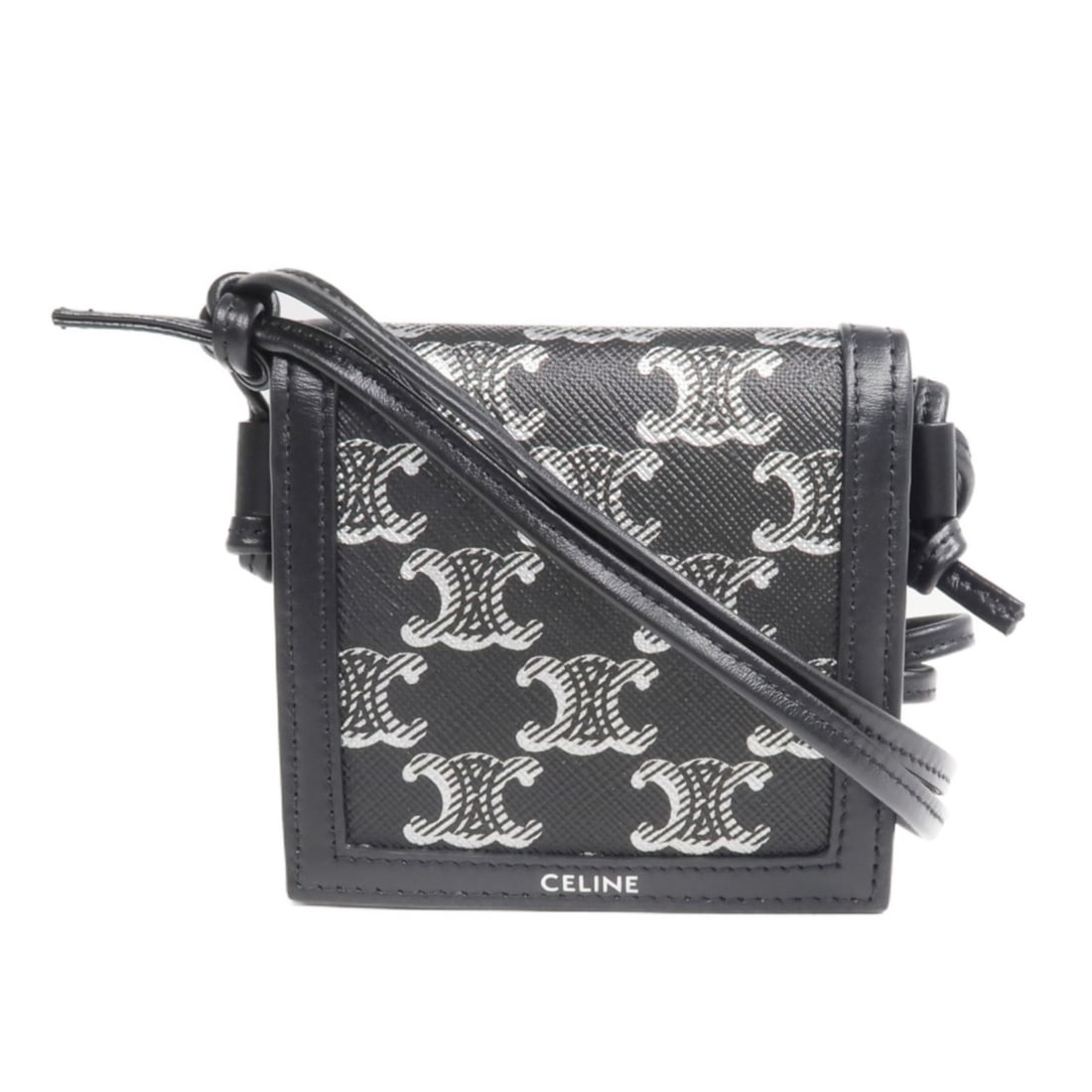 CELINE Triomphe Calfskin Canvas Shoulder Bag Black Necklace Wallet: CELINE Triomphe Calfskin Canvas Shoulder Bag Black Necklace Wallet This CELINE Triomphe Necklace Wallet Shoulder Bag features black calfskin leather and coated canvas. The compact design combines eleg