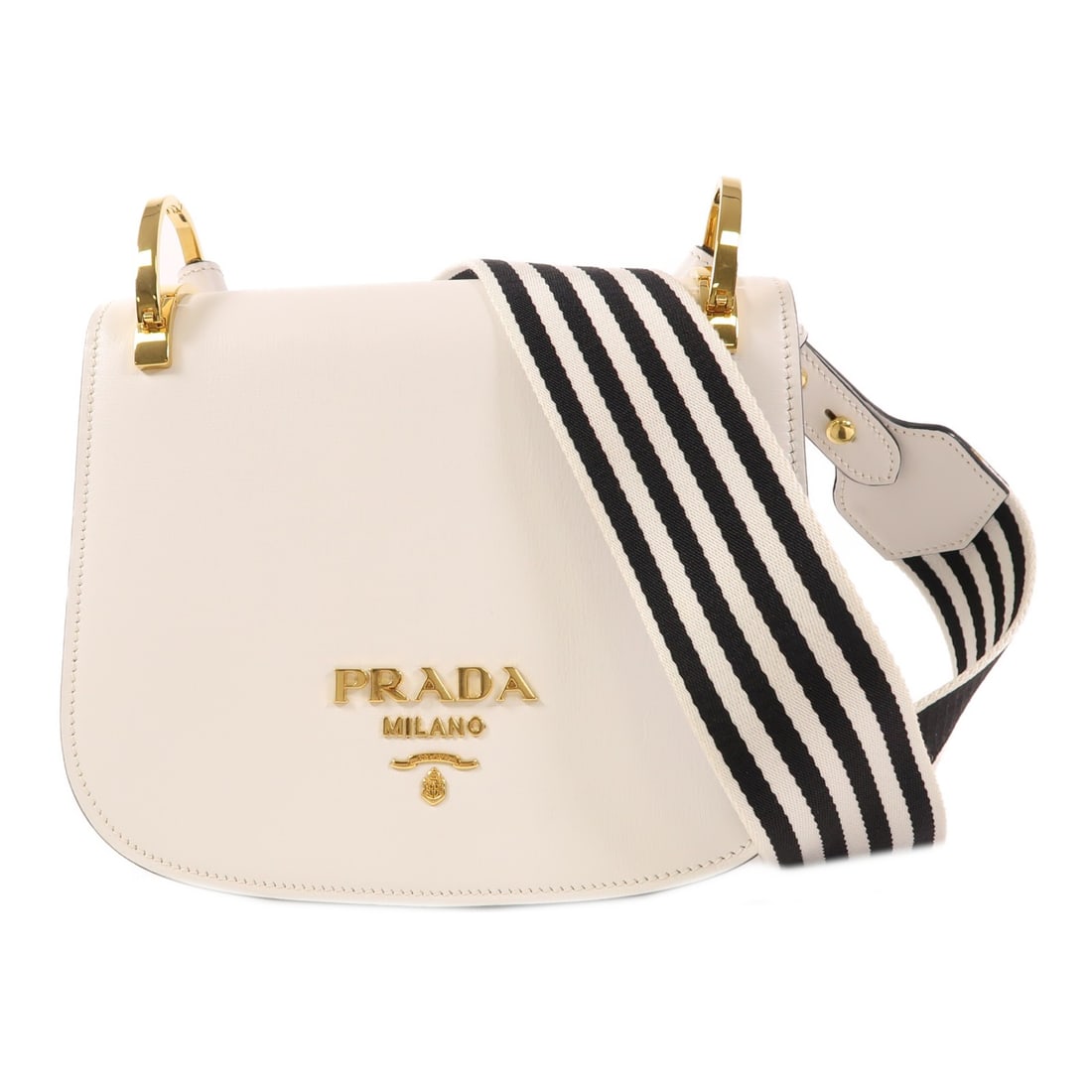 PRADA City Shoulder Bag 1BD039 White Black Calfskin Leather GHW: PRADA City Shoulder Bag 1BD039 White Black Calfskin Leather GHW This PRADA City Shoulder Bag combines elegance with functionality, crafted from premium calfskin leather in a striking white color. Desi