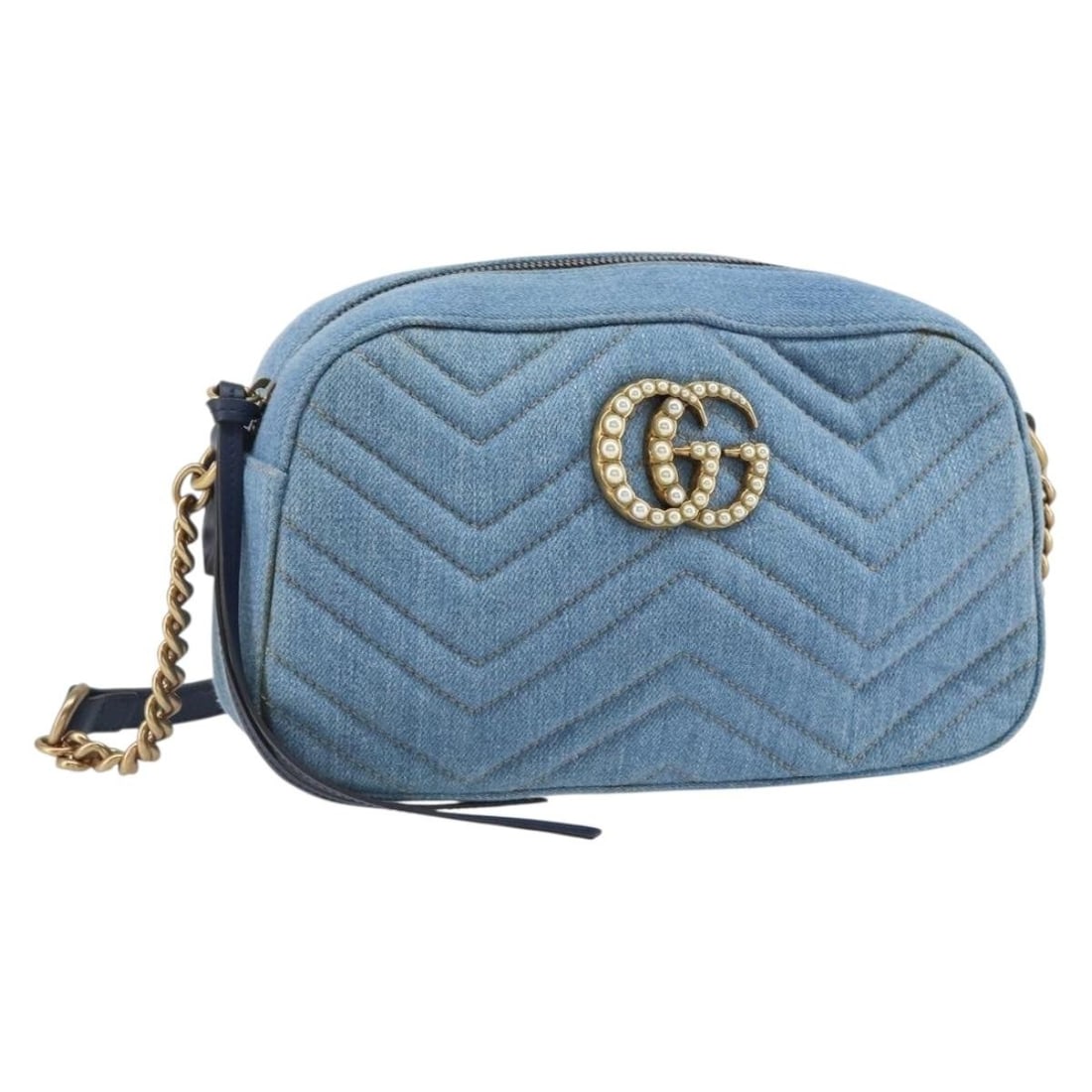 Light Blue Denim GG Marmont Small Camera Shoulder Bag by Gucci with Dust Bag: Light Blue Denim GG Marmont Small Camera Shoulder Bag by Gucci with Dust Bag This is a small Gucci GG Marmont camera shoulder bag crafted from light blue denim canvas with gold-tone accents. The bag f