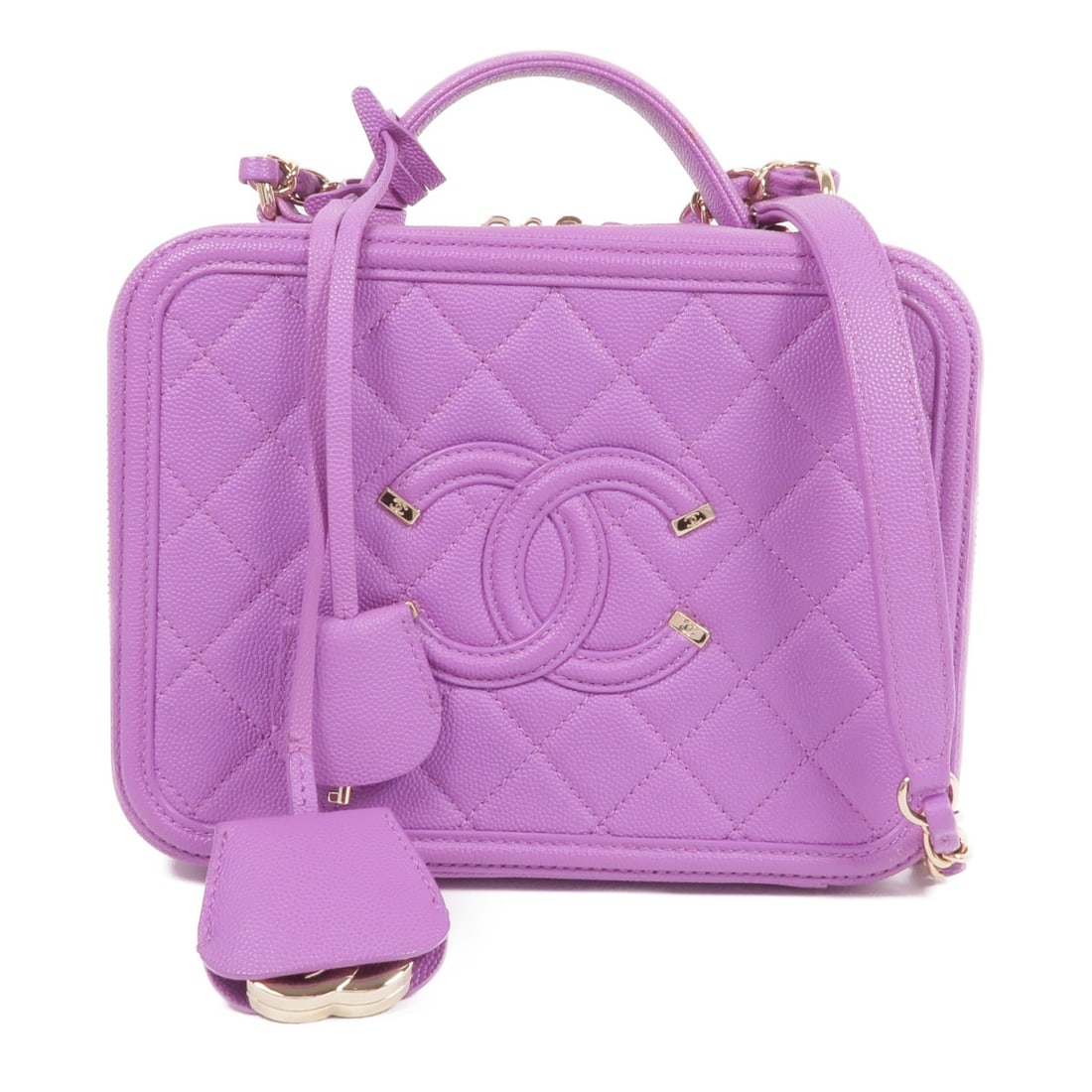Chanel Purple Calfskin CC Vanity Case Gold Hardware Two Way Shoulder Bag: Chanel Purple Calfskin CC Vanity Case Gold Hardware Two Way Shoulder Bag This CHANEL vanity case is crafted from luxurious purple calfskin leather and features a versatile 2-way shoulder bag design. T